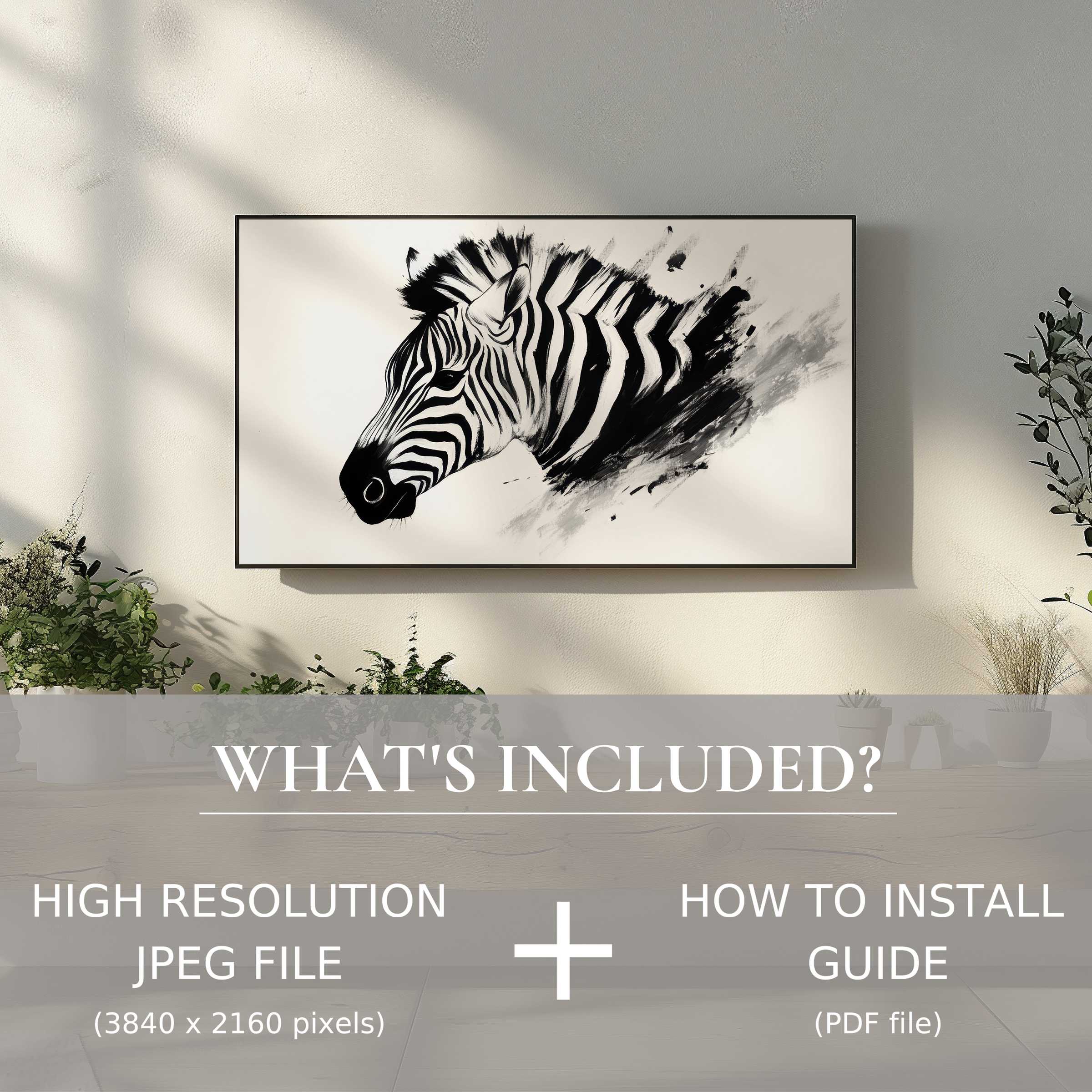 Stylish black and white digital TV art download featuring zebra, easy use, elevates modern living room decor