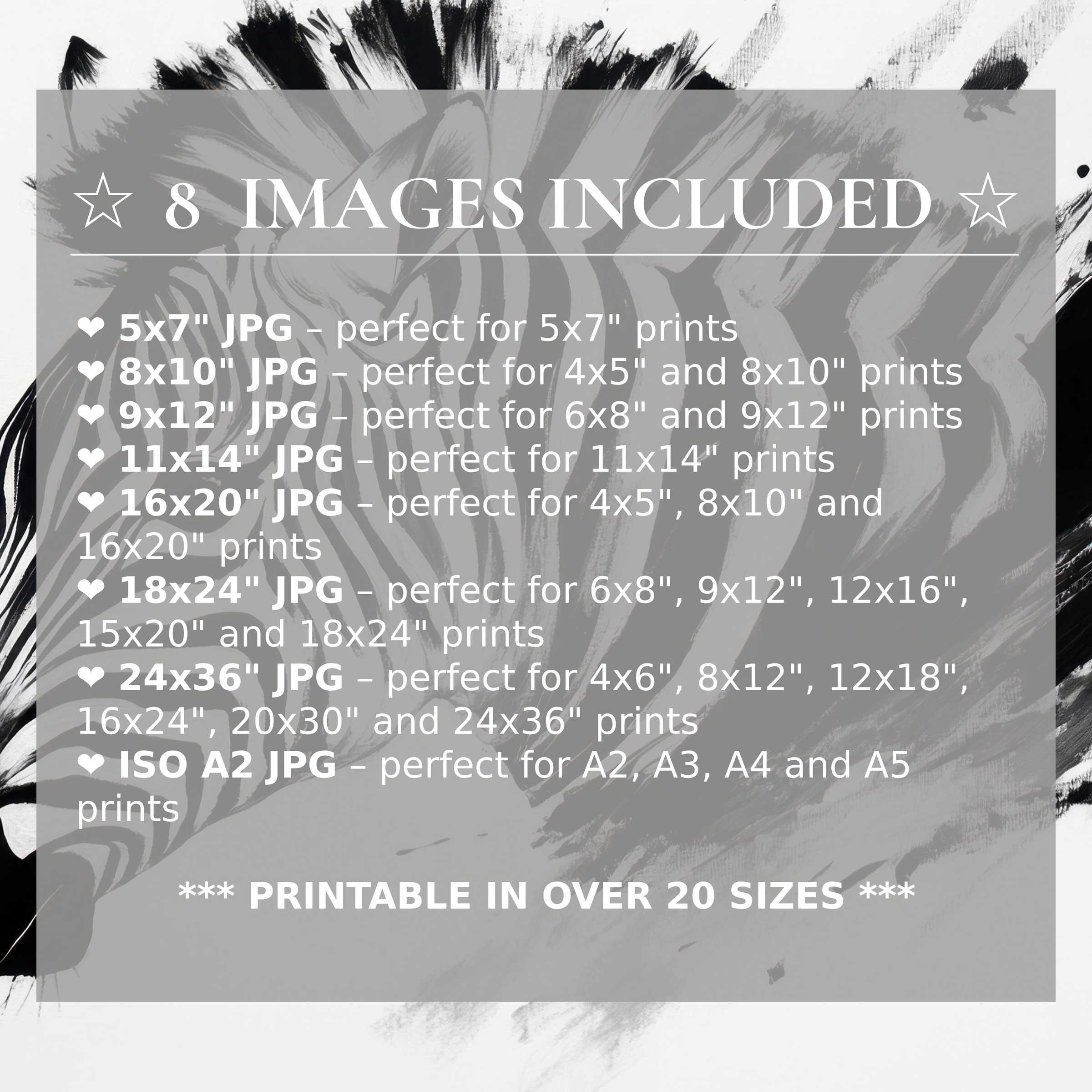 Bold black and white digital print radiates dynamic contrast and modern elegance, elevating interiors with 8 included premium sizes