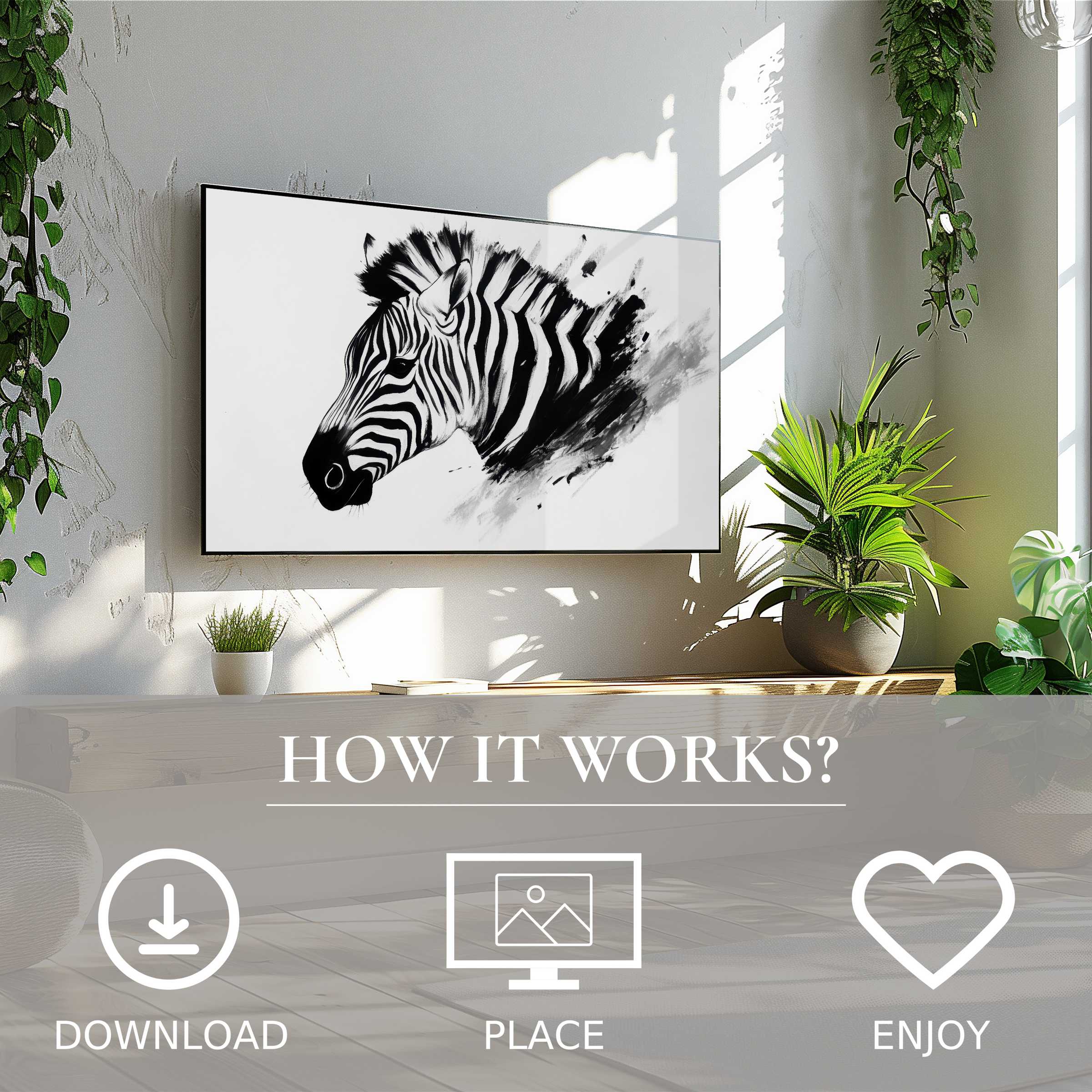Black and white art for Samsung TV with sleek zebra motif, easy digital download enriches modern, plant-filled living spaces