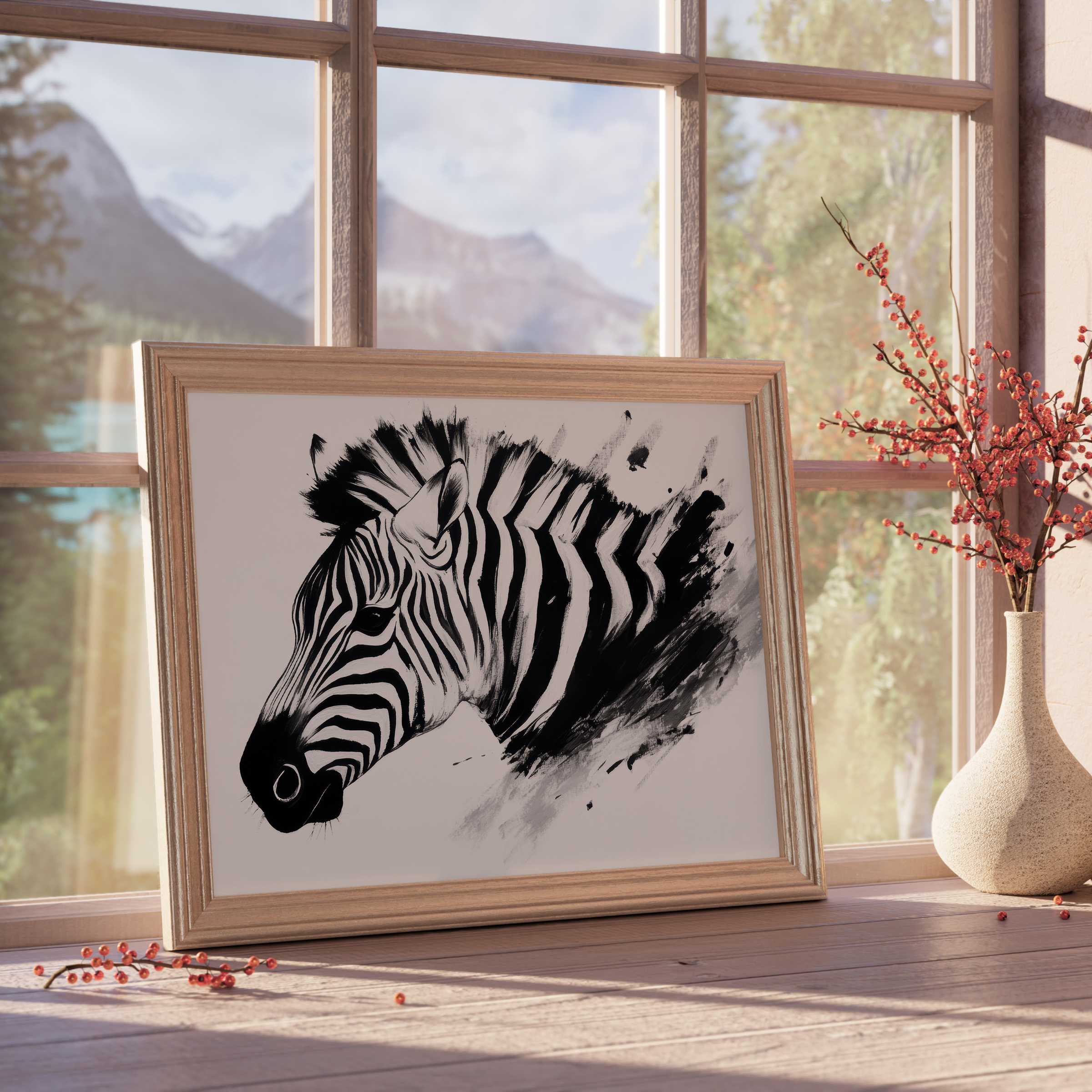 Black and white downloadable art capturing a striking zebra portrait with fluid brushstrokes, perfect for curated, tranquil luxury interiors