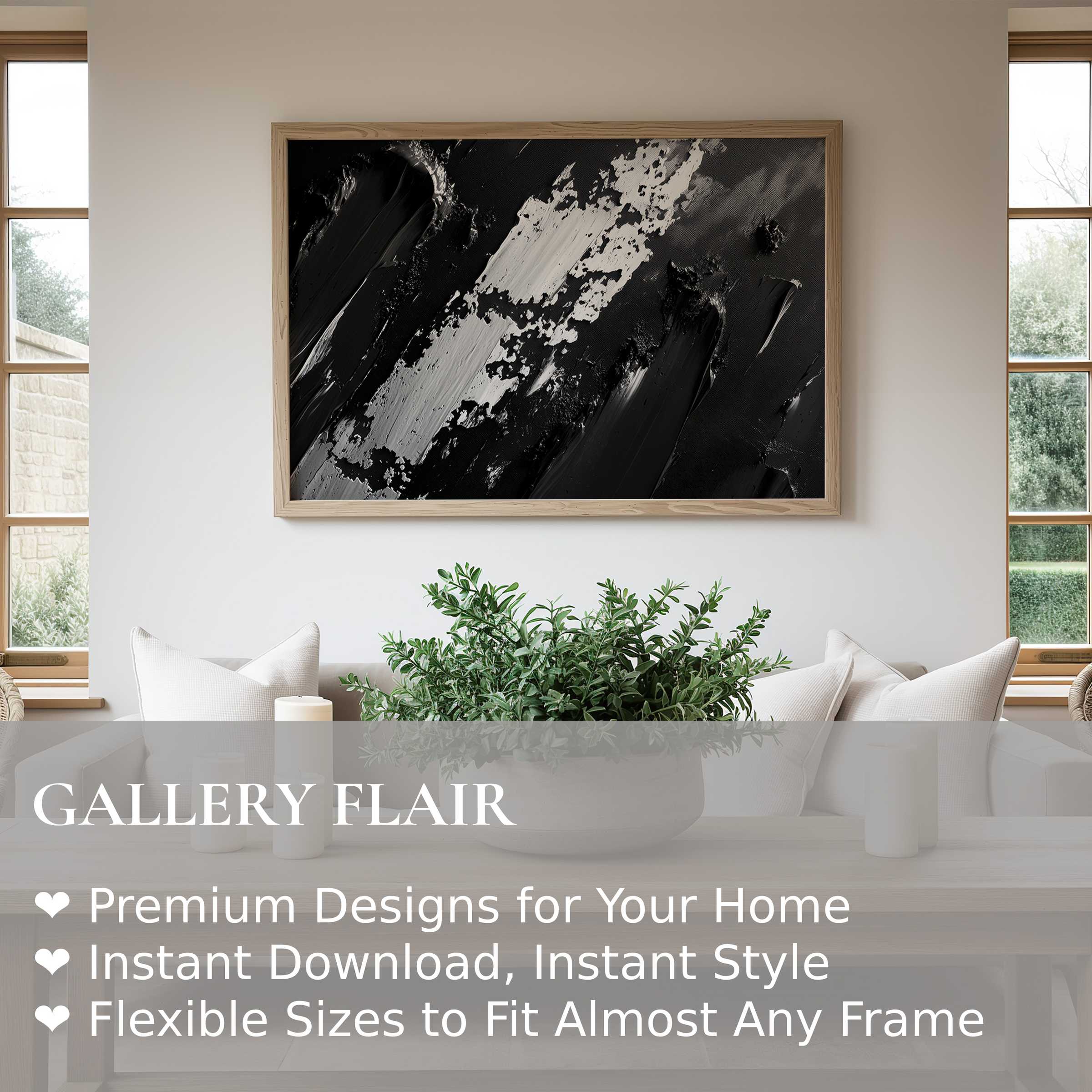 Abstract wall art print with bold black and white texture, elevating modern minimalist interiors with striking monochrome elegance and gallery charm