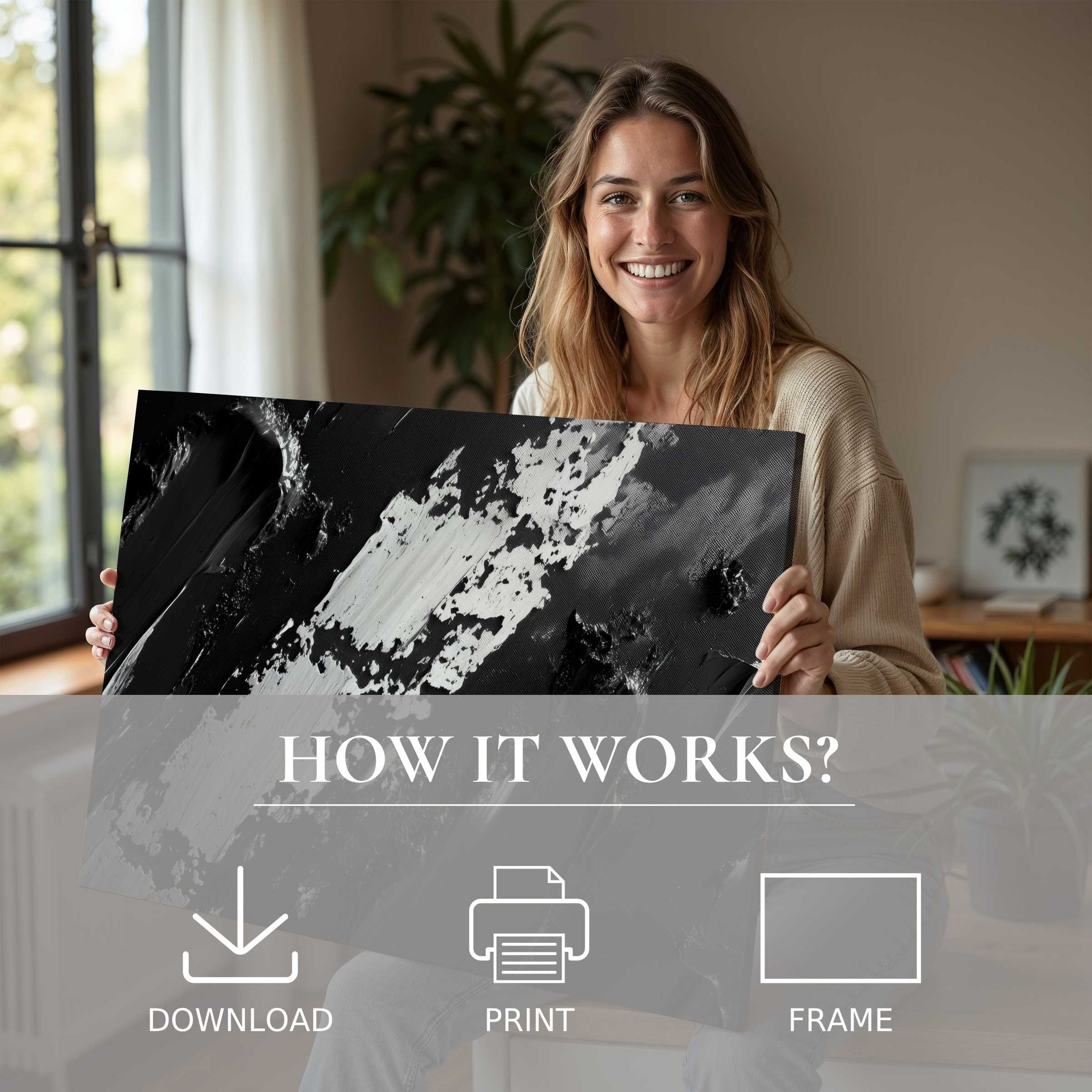 Joyful woman in a modern home cherishes an abstract digital art print, embodying serene connection and elevated living