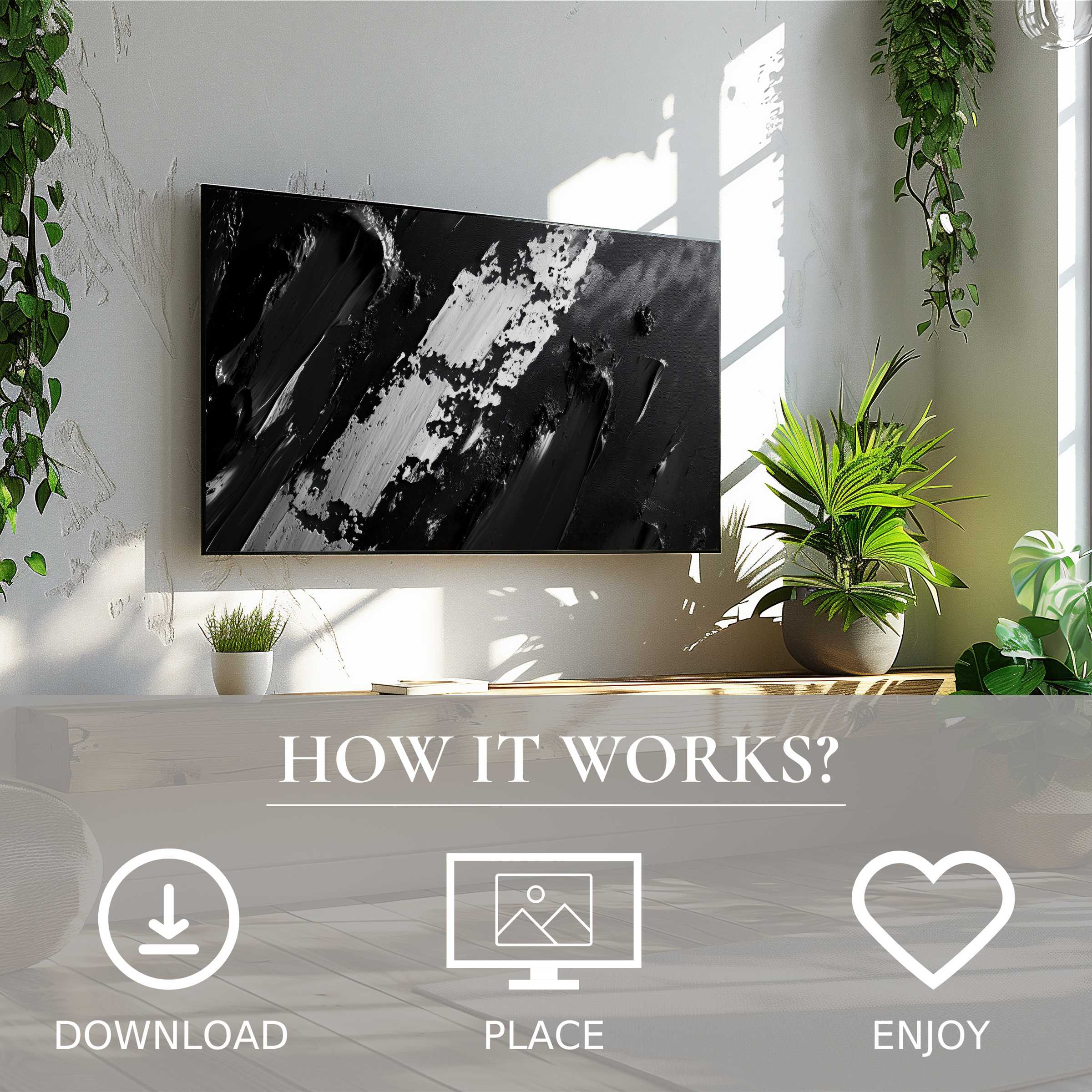 Abstract art for Samsung TV with bold black and white strokes, easy digital download enriching bright green home decor