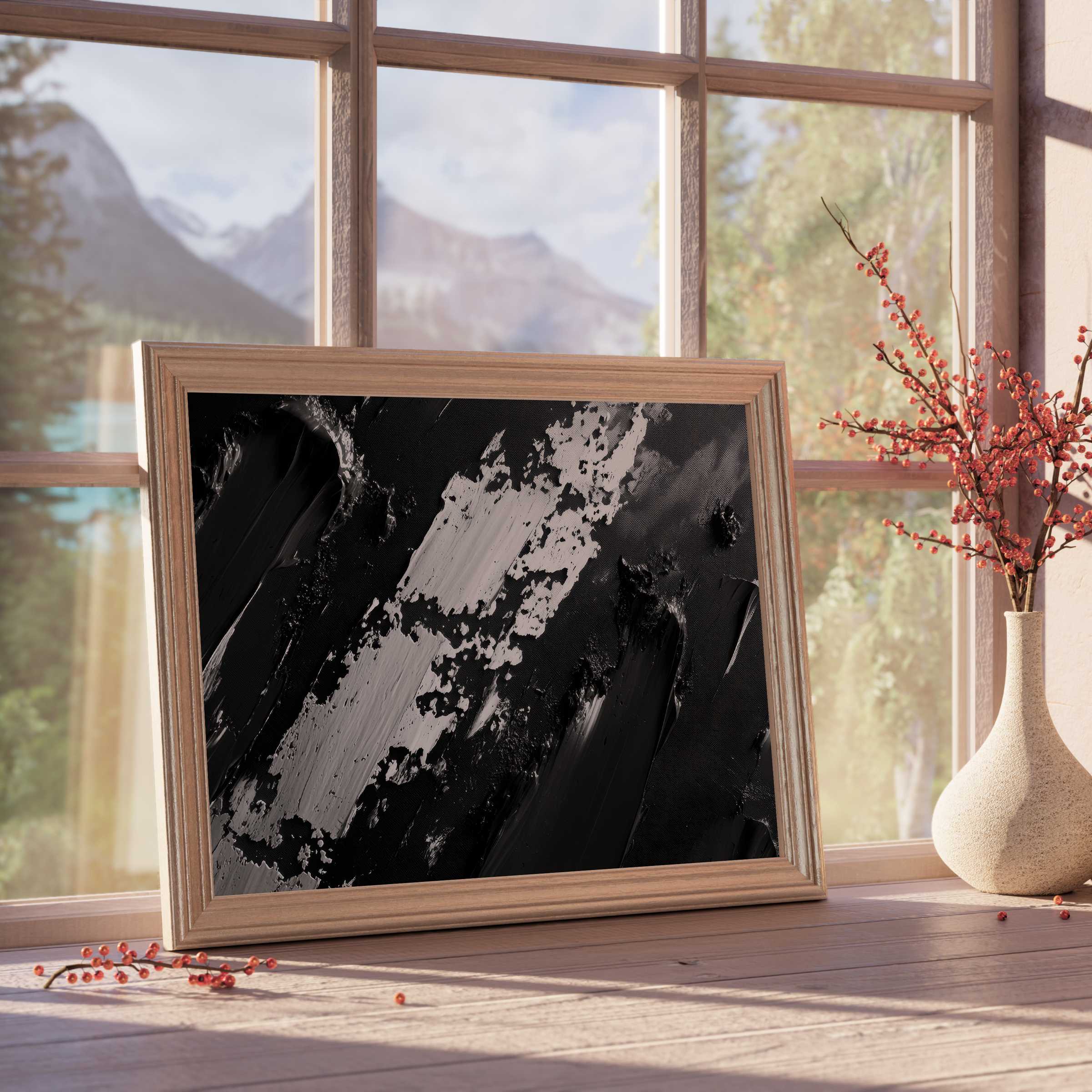 Moody abstract downloadable art in black and grey, enriching serene, design-forward interiors with modern elegance and depth