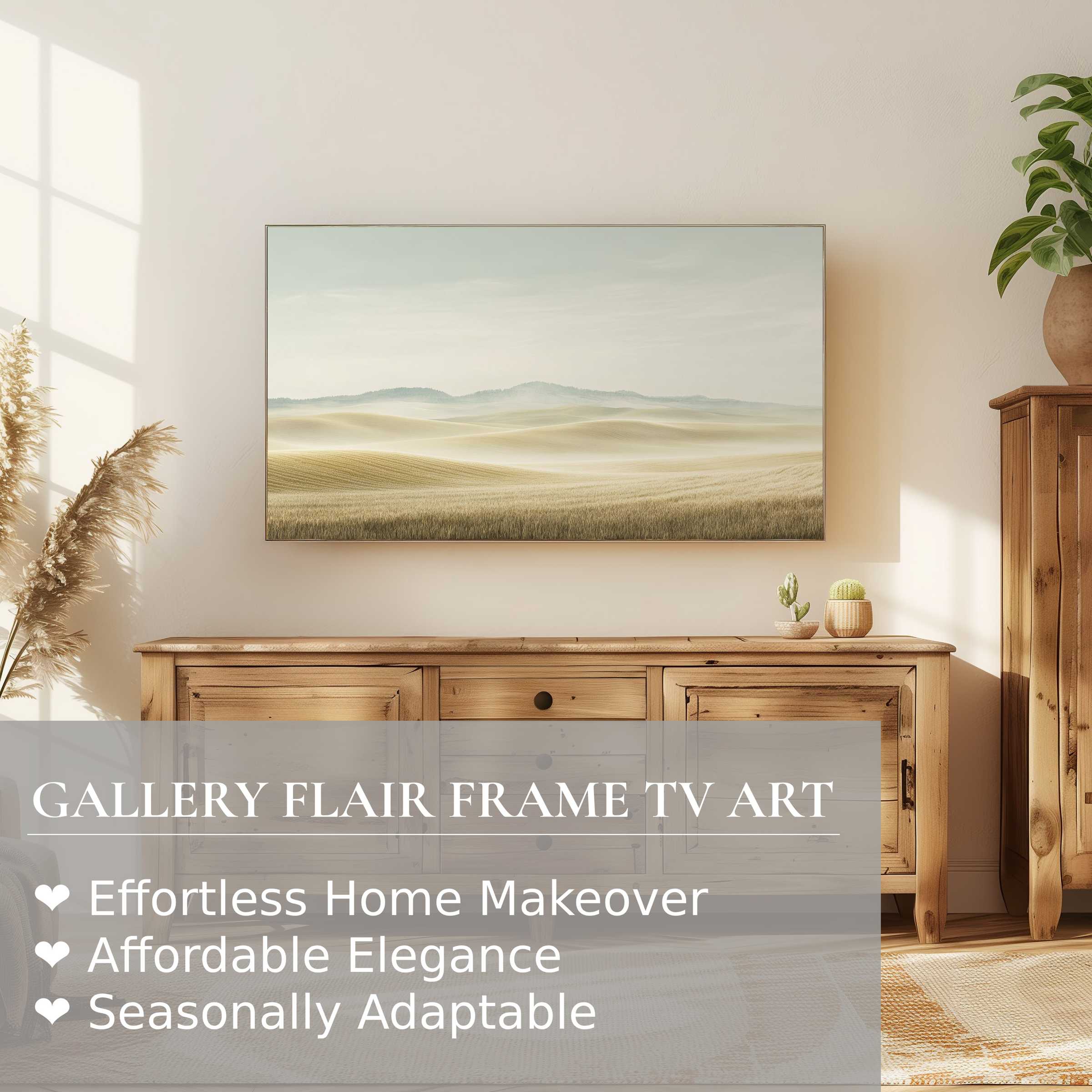 Samsung Frame TV with neutral digital artwork of soft, serene landscape in a warm, elegant, modern living space