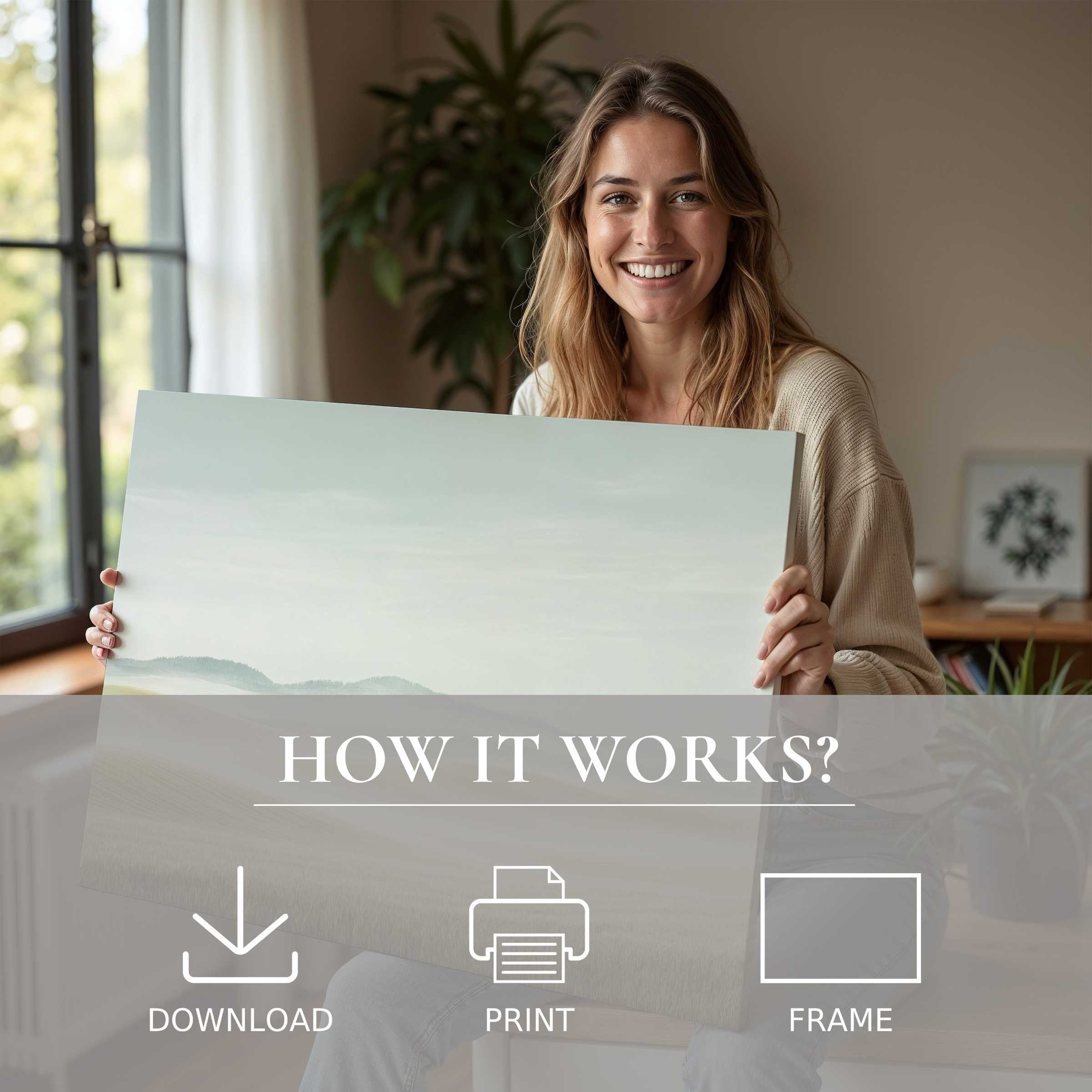 Smiling woman in a serene, modern home embraces a neutral digital art print, capturing joy and effortless elegance in living with art