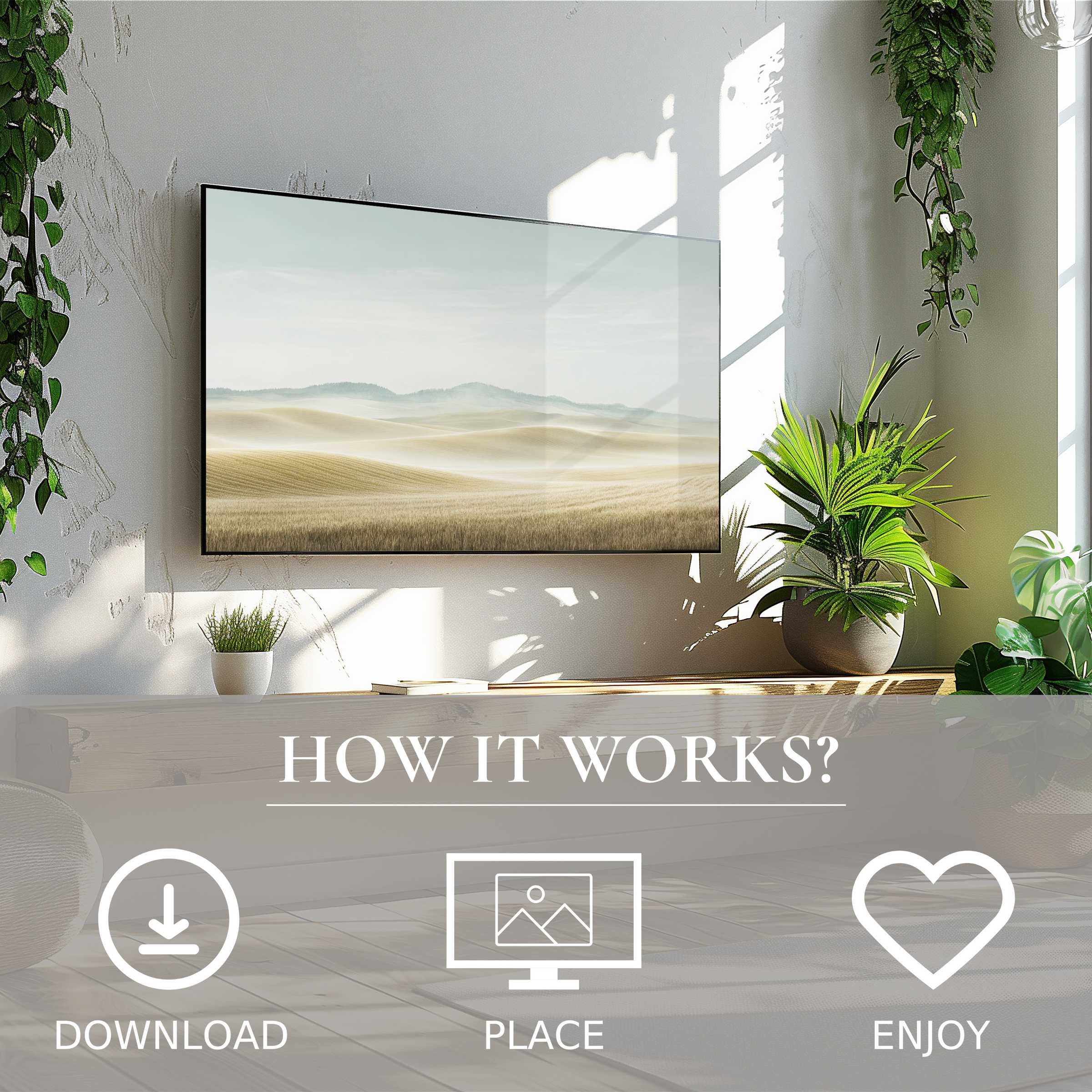 Neutral art for Samsung TV shows soft desert hues, easy digital download enriches modern living with serene color flow