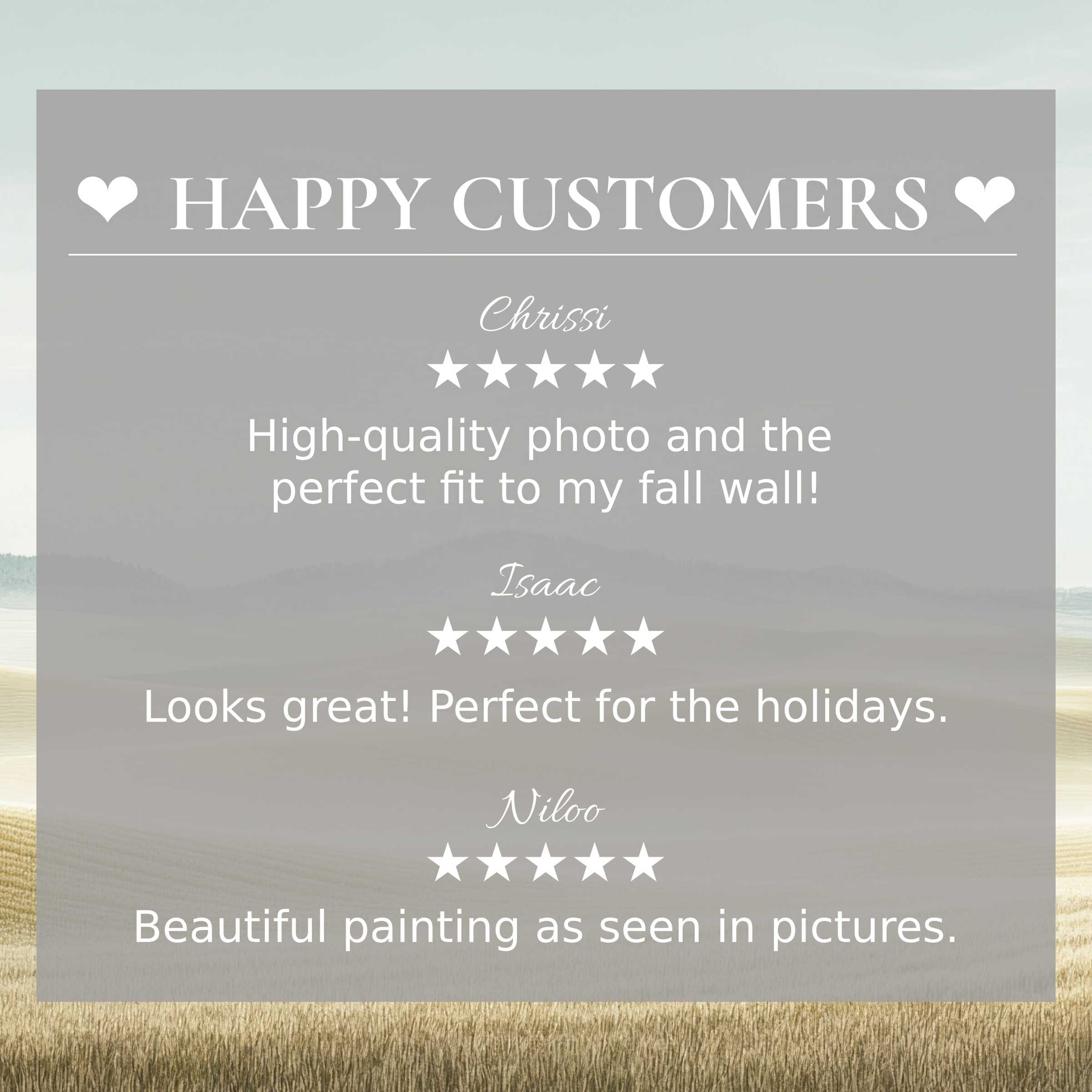Neutral art for Frame TV with serene landscape backdrop; happy customer reviews build trust and showcase refined elegance