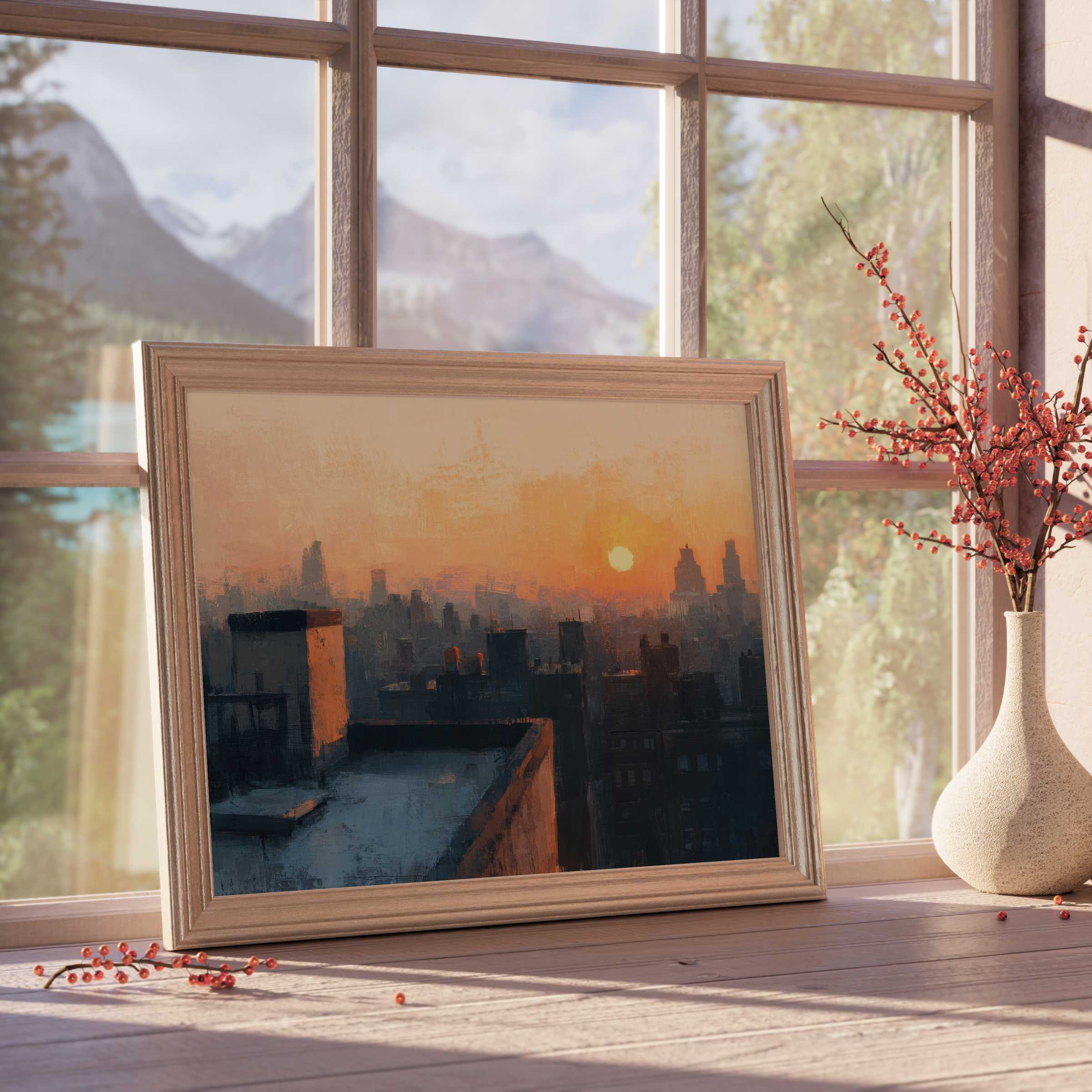 Urban downloadable art capturing a warm sunset glow over city rooftops, perfect for curated, tranquil interiors