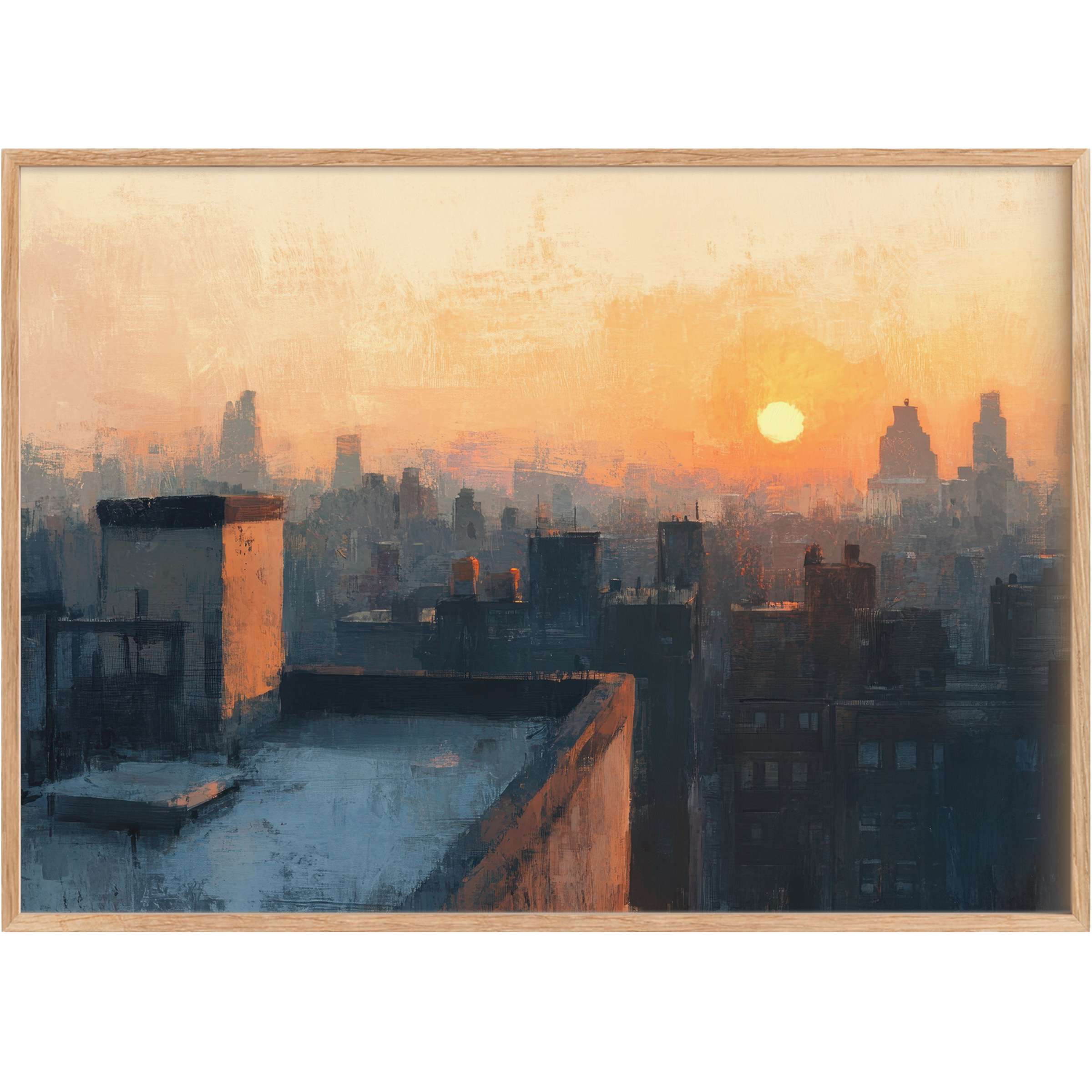 Urban printable wall art capturing a serene sunrise over a misty cityscape, blending warm peach and deep navy hues for a calm, reflective ambiance