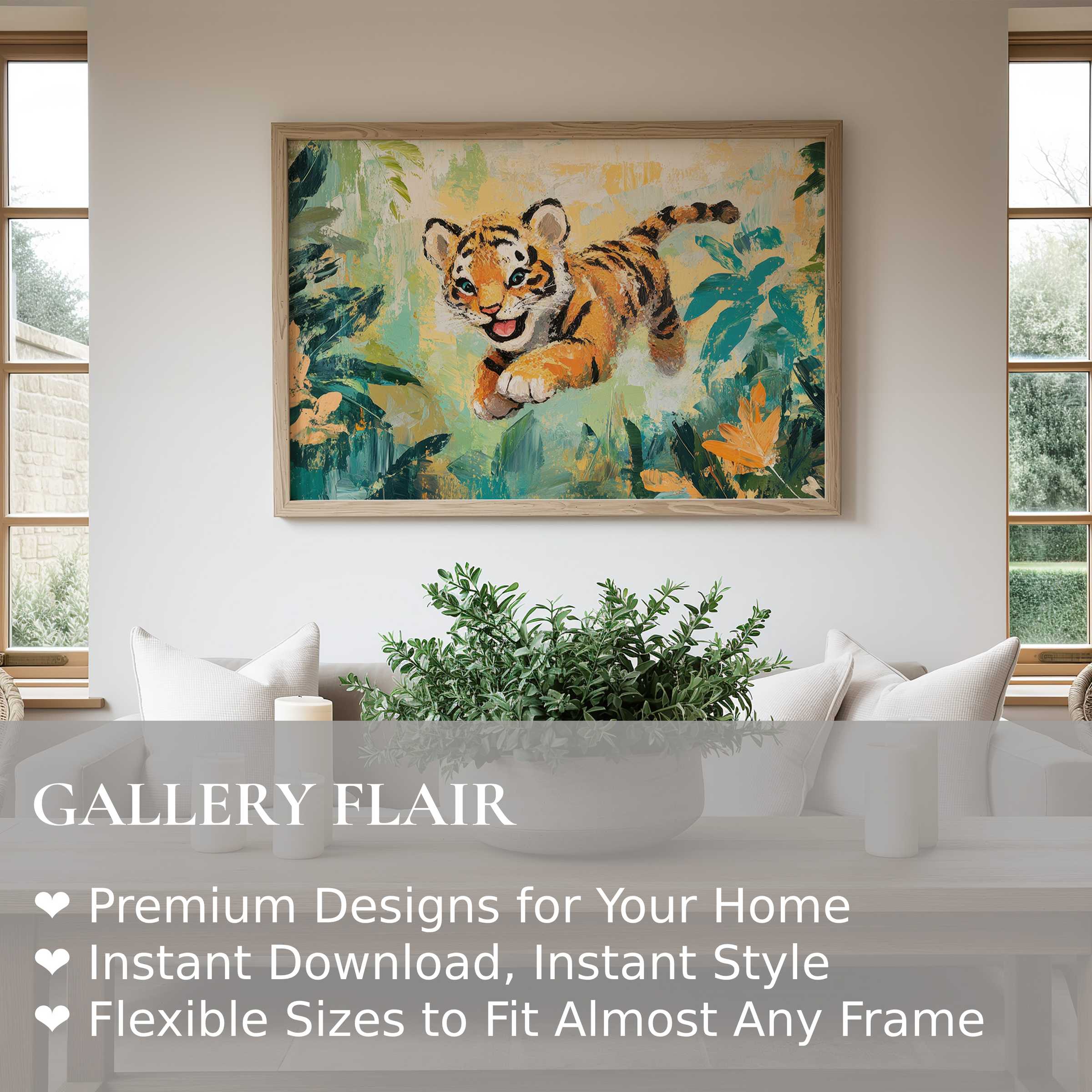 Joyful nursery wall art print of a cheerful tiger cub in lush greenery, adding soft, playful charm to modern minimalist interiors