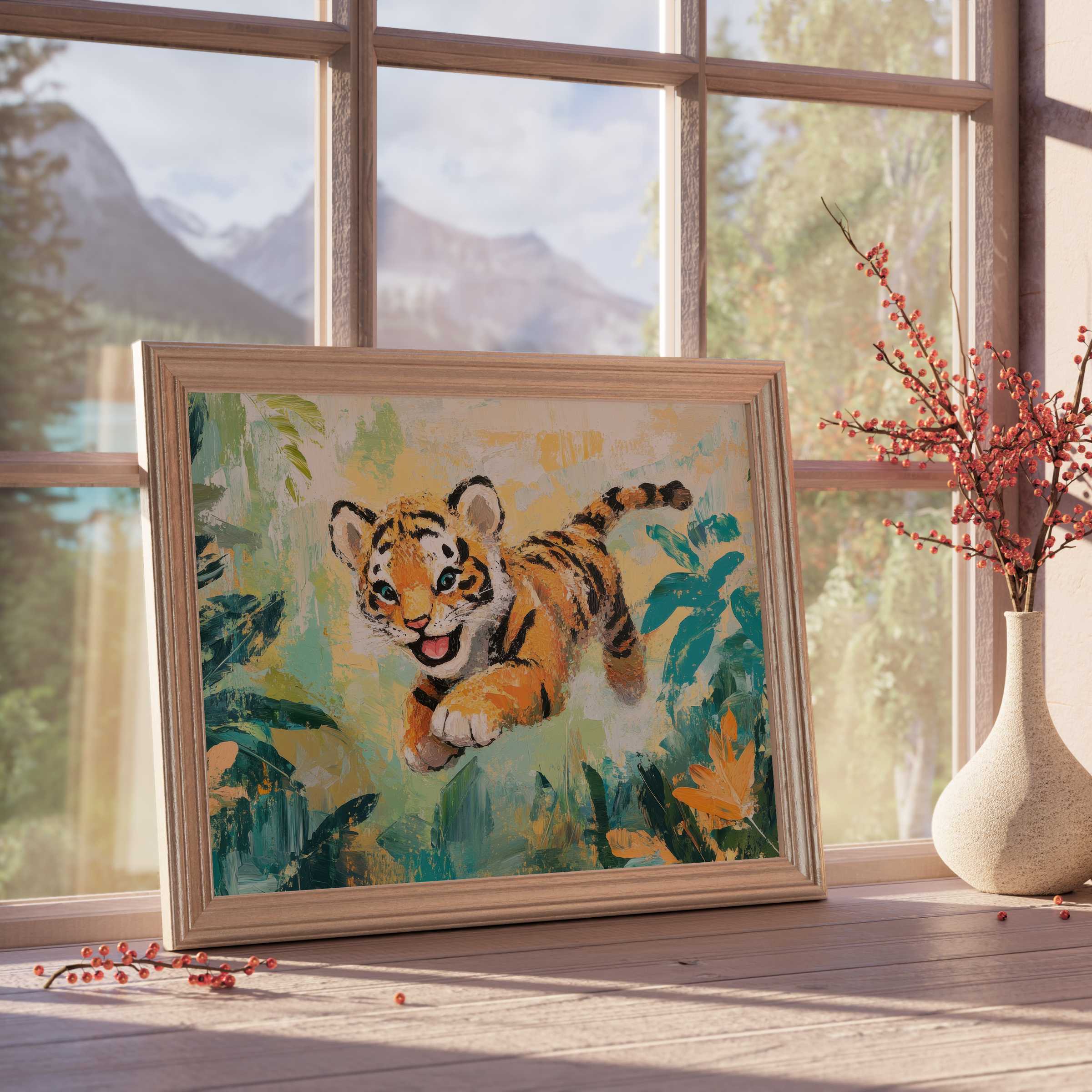 Joyful nursery downloadable art featuring a playful tiger cub in lush botanicals, enhancing tranquil, curated kids' interiors