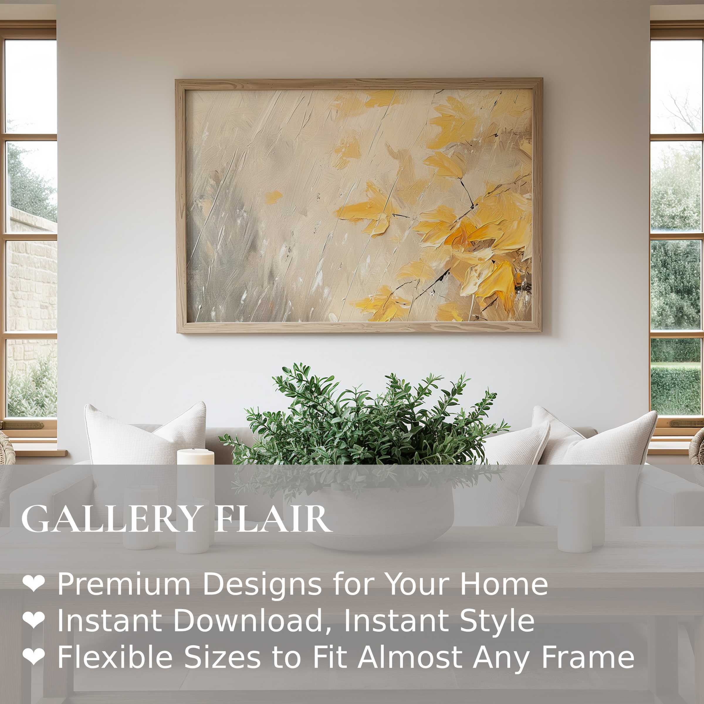 Elegant tree wall art print with golden autumn leaves in textured brushstrokes, enhancing modern minimalist living spaces with warm, calming vibes