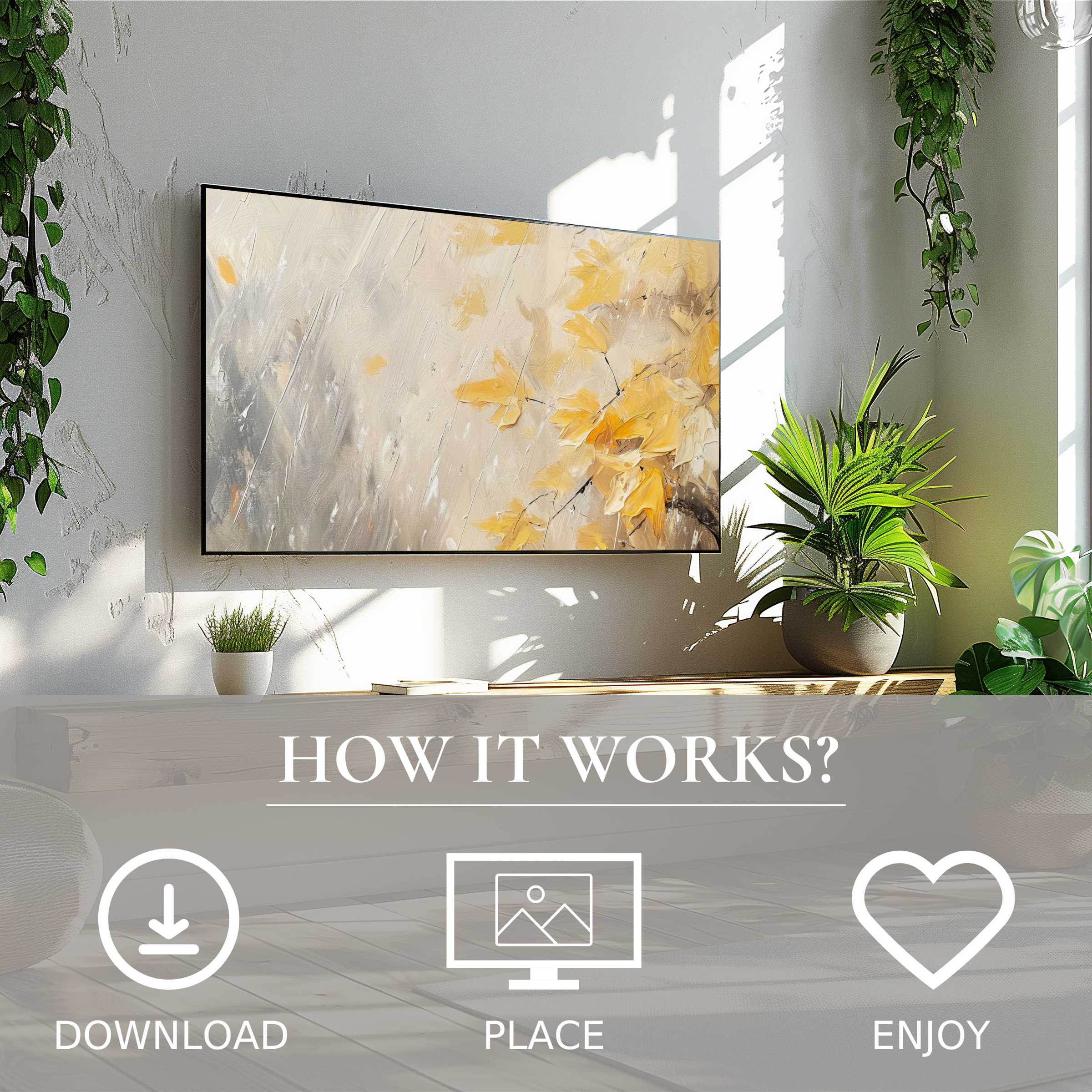 Tree art for Samsung TV shows soft yellow leaves in a sunlit room, easy digital download enriches modern living spaces