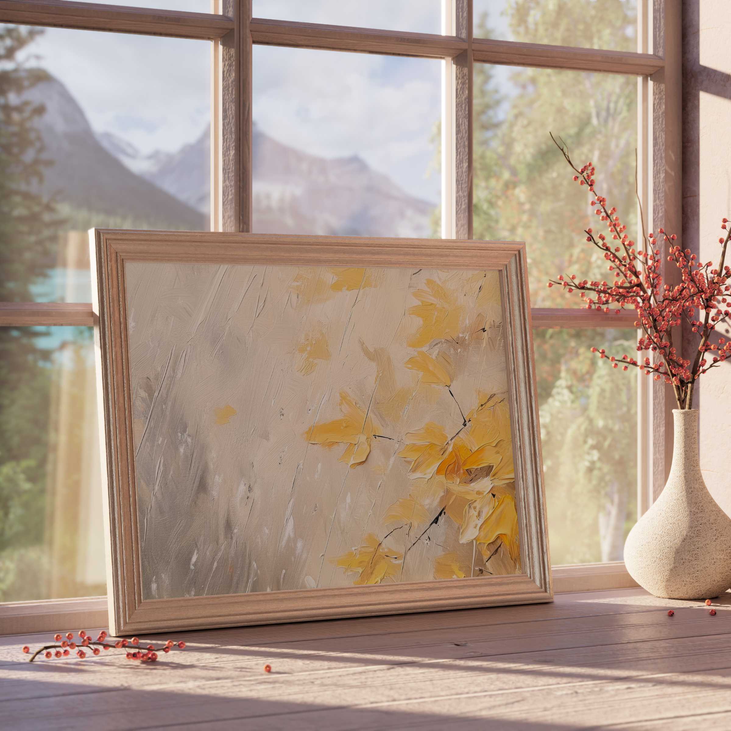 Elegant tree downloadable art in soft yellow hues, enhancing tranquil, curated interiors with warm, nature-inspired charm