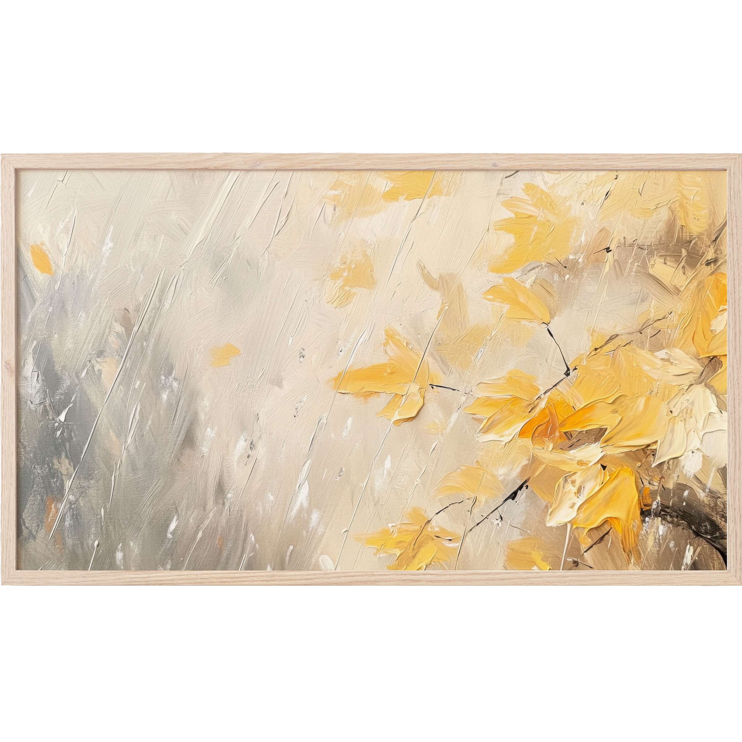Elegant tree Frame TV Art with textured golden-yellow leaves on soft beige and gray abstract brushstrokes