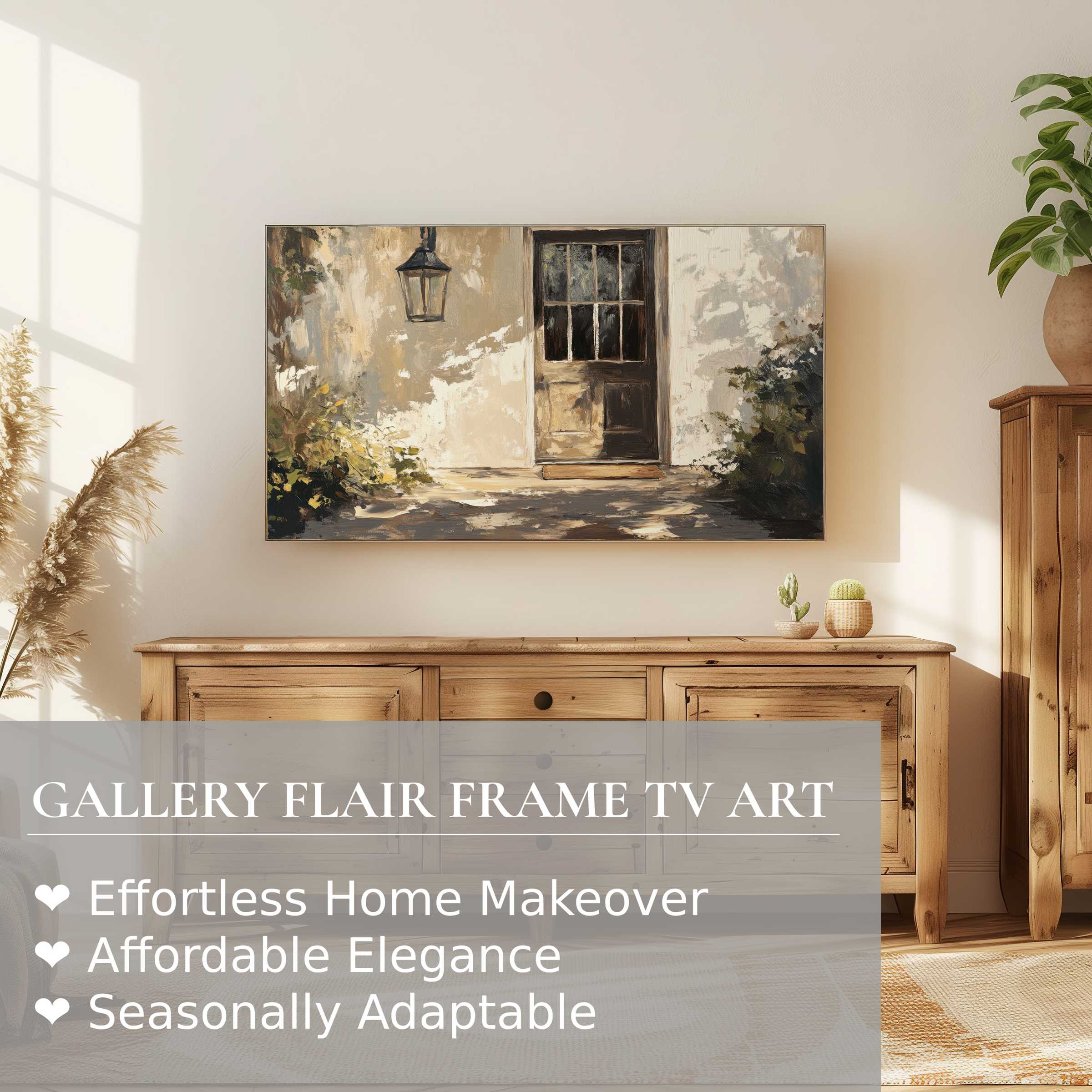 Samsung Frame TV displaying warm farmhouse digital artwork in a sunlit, elegant, modern home decor setting