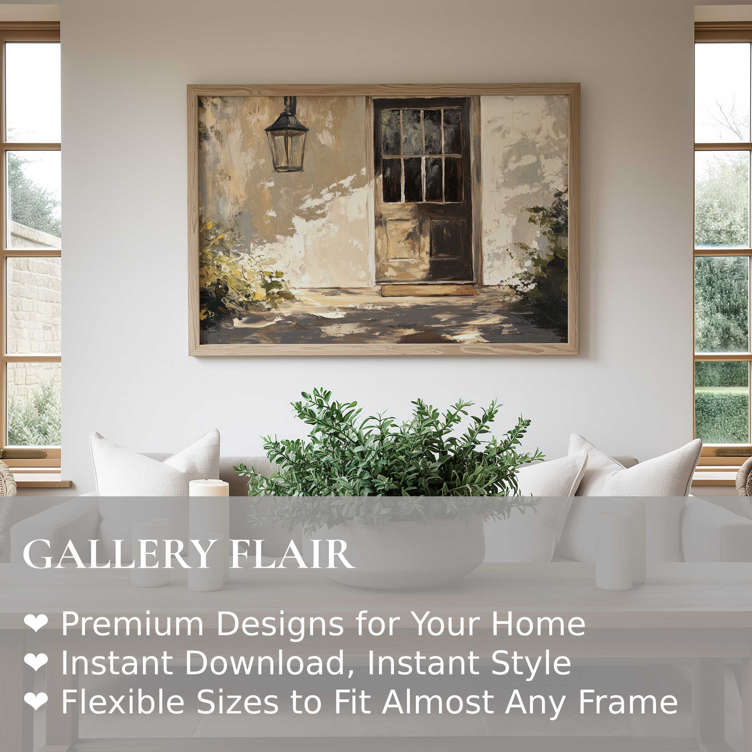 Farmhouse wall art print depicting a rustic door bathed in soft sunlight, enhancing serene modern farmhouse interiors