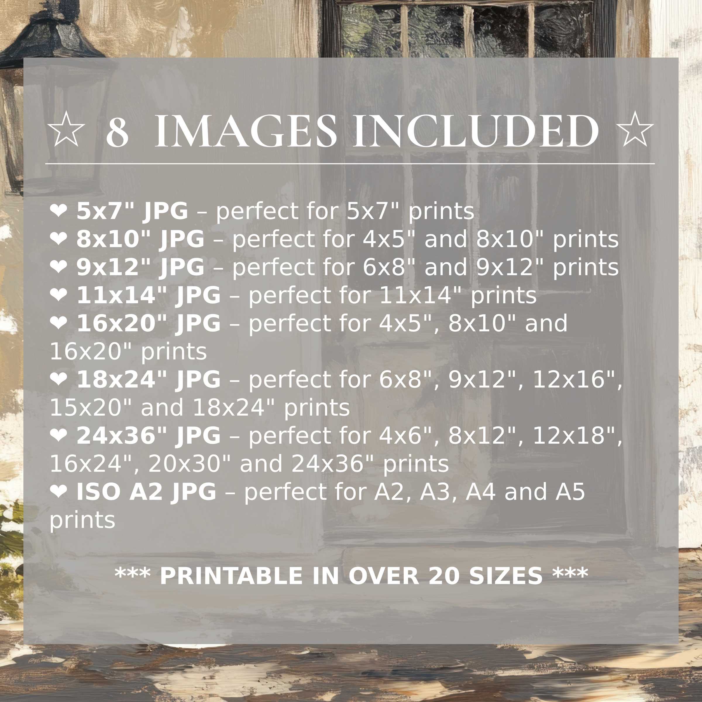 Farmhouse digital print rich in warm neutrals and soft greys, offering radiant calm and style in 8 high-quality sizes included