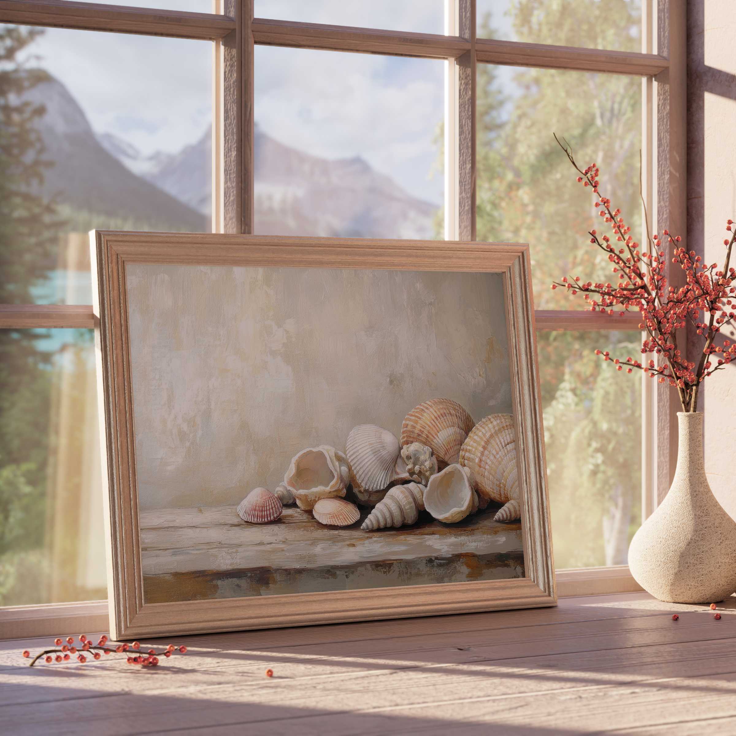 Coastal downloadable art featuring serene seashells in soft neutrals, elevating curated, tranquil, design-forward interiors
