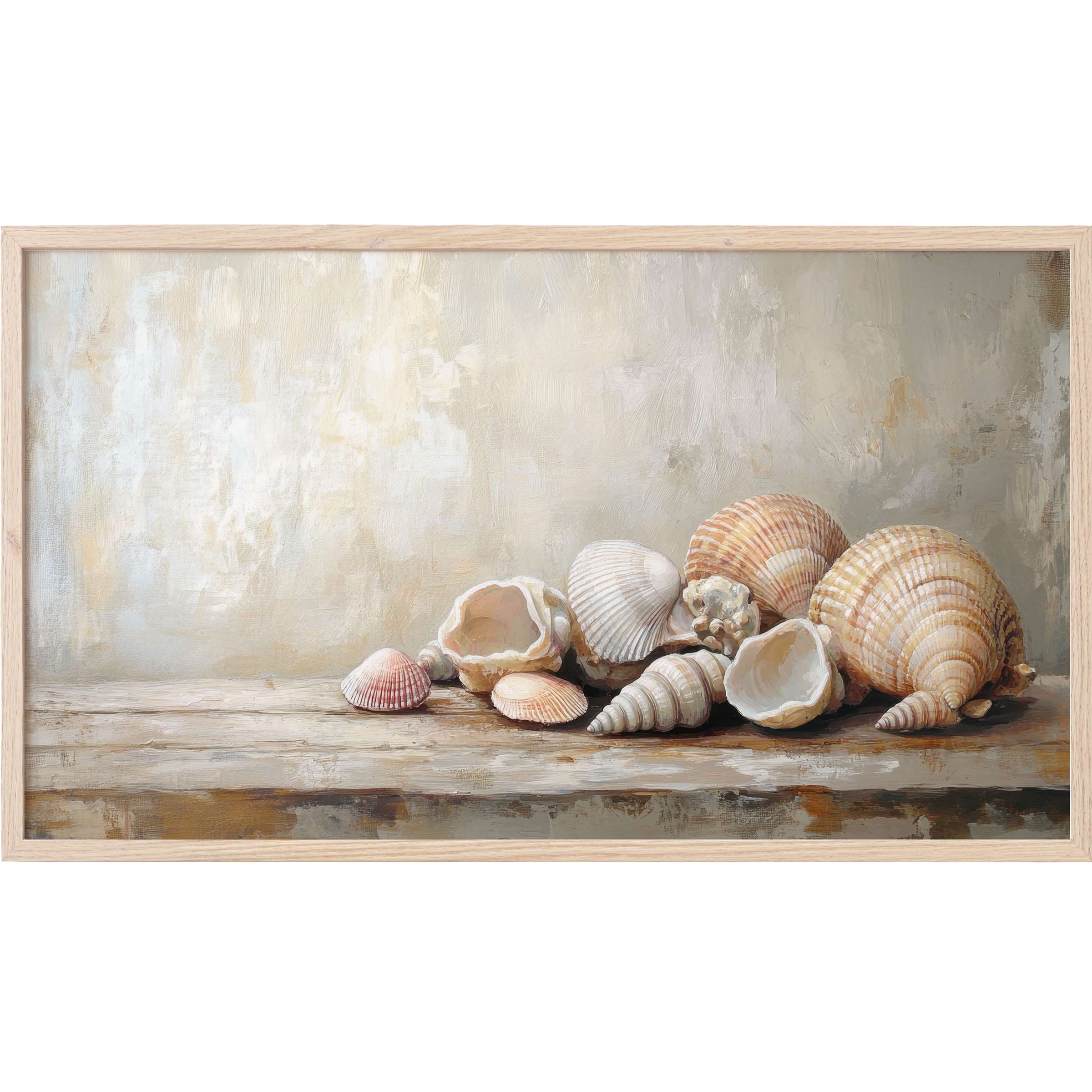 Elegant coastal Frame TV Art featuring muted beige and soft pastel seashells on a textured, weathered wood surface