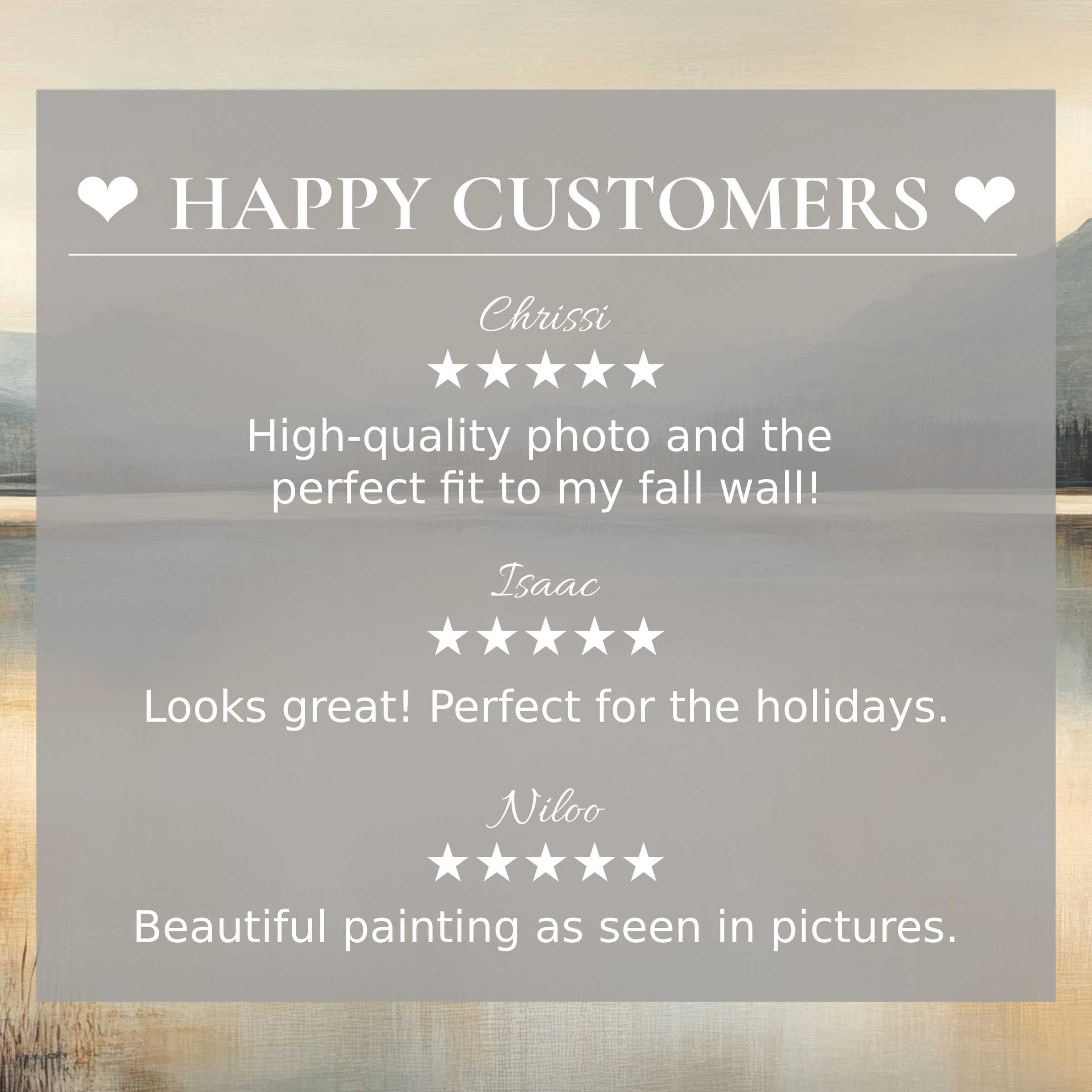 Vintage art for Frame TV with a misty lake background, showcasing happy customer reviews that inspire trust and elegance