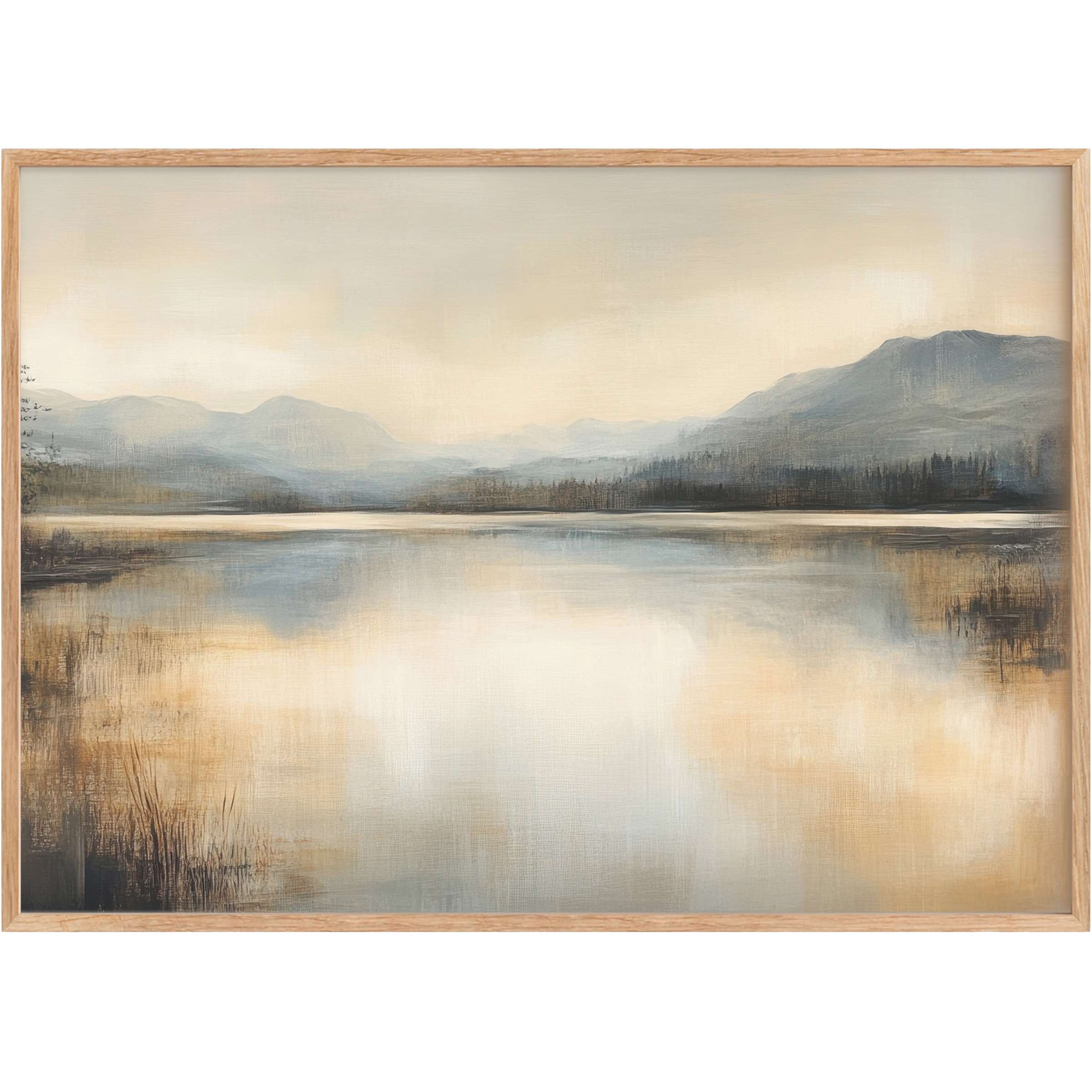 Vintage printable wall art featuring a serene lakeside landscape in soft golds and blues, evoking calm and timeless elegance