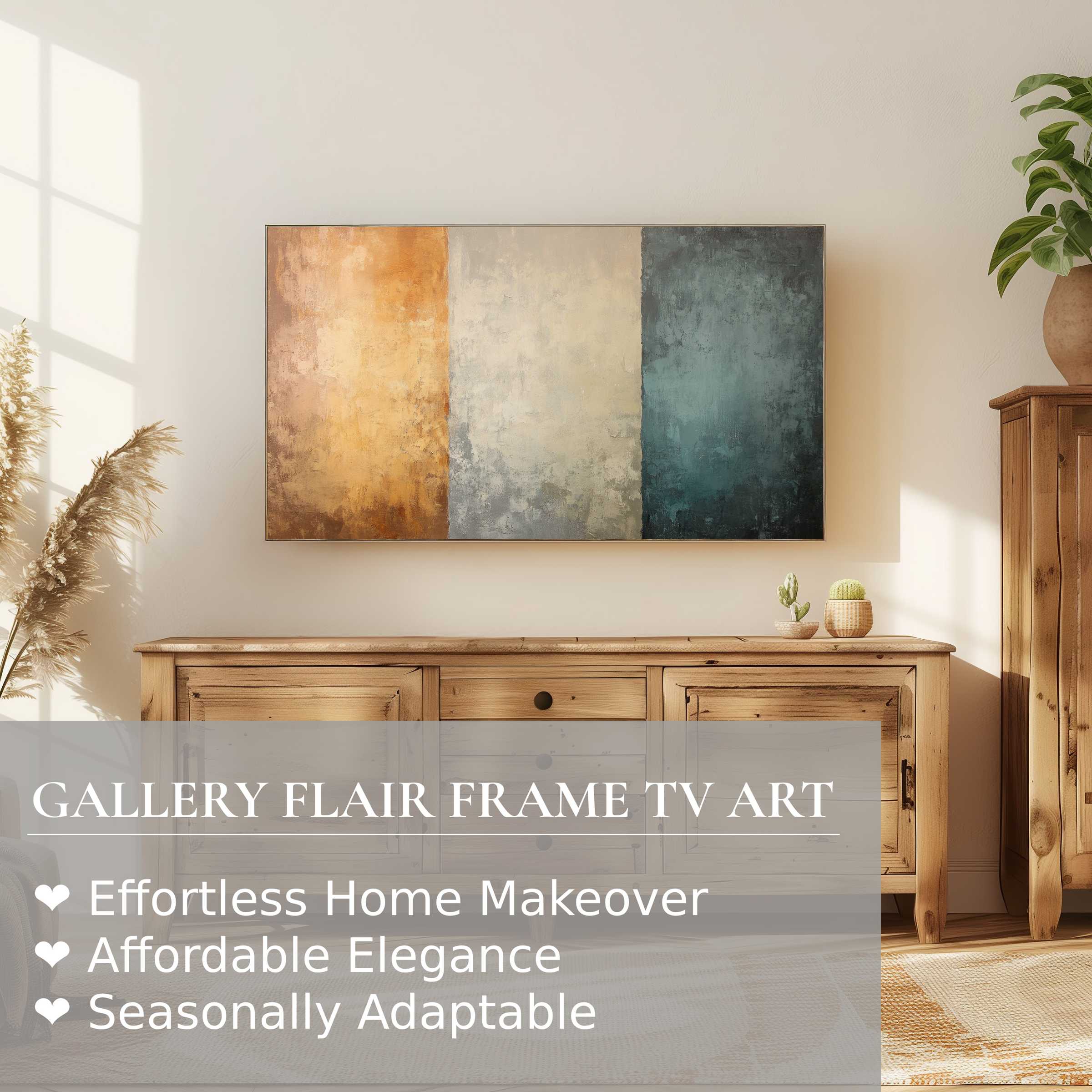 Samsung Frame TV displaying modern digital artwork in a sunlit, elegant room with natural wood and greenery accents