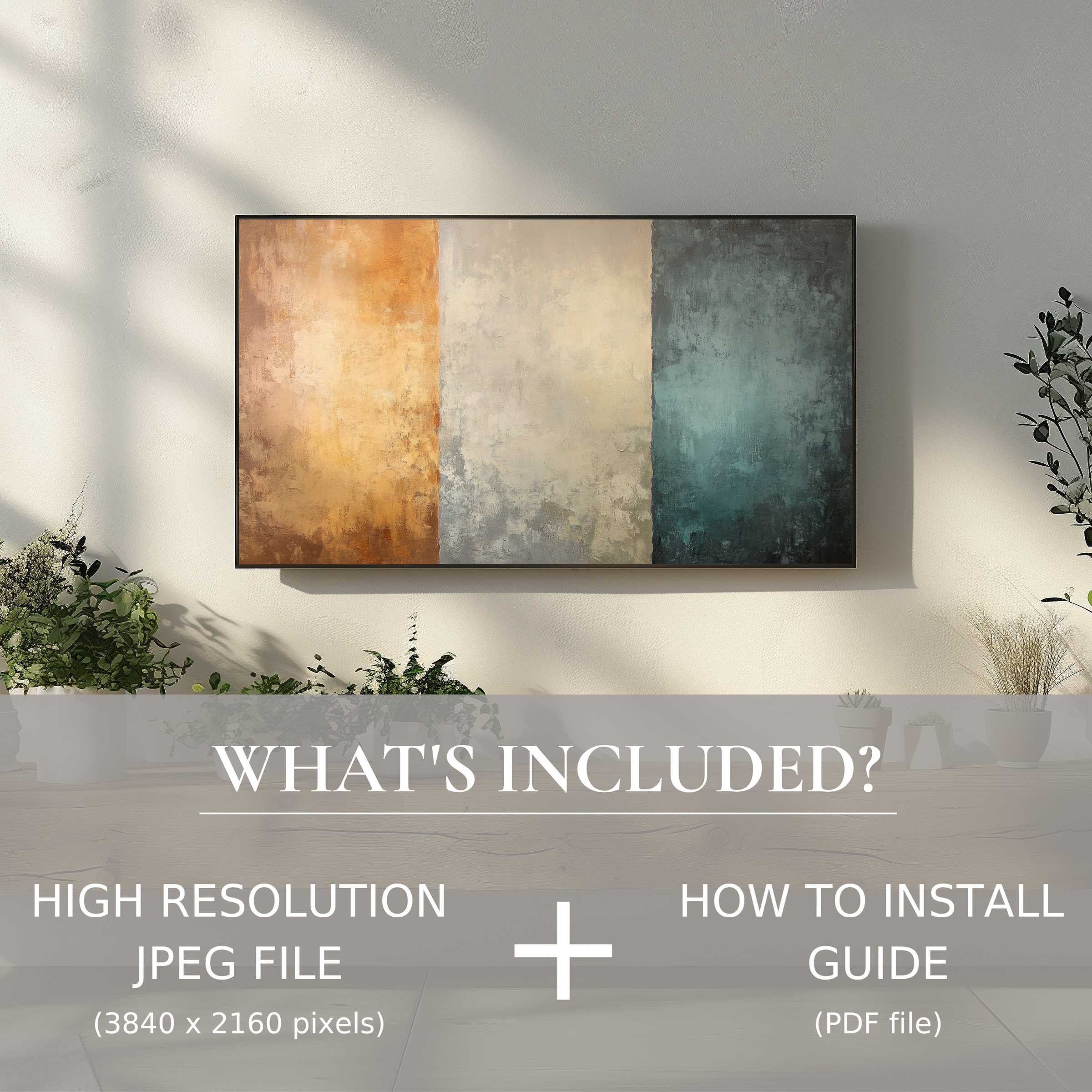 Elegant living room with modern digital TV art download, easy use transforms space with high-res abstract beauty