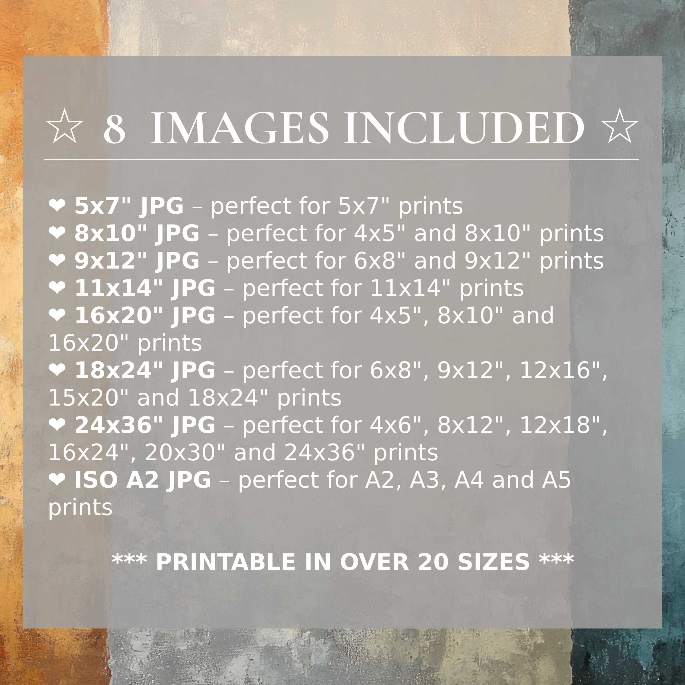 Modern digital print radiates warm amber, soft gray, and deep teal tones, uplifting interiors with style and depth; includes 8 refined sizes for versatile decor