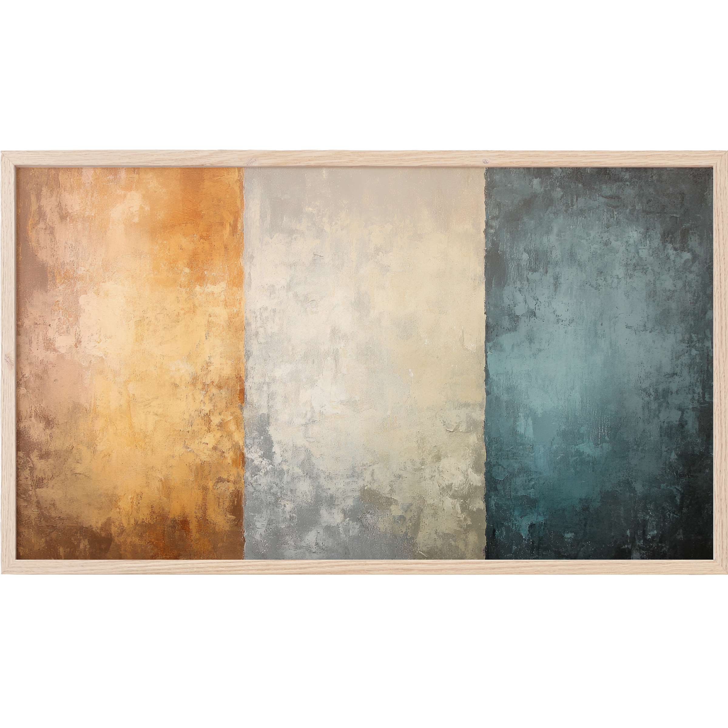 Modern Frame TV Art featuring textured vertical panels in warm ochre, soft cream, and deep teal hues for refined decor