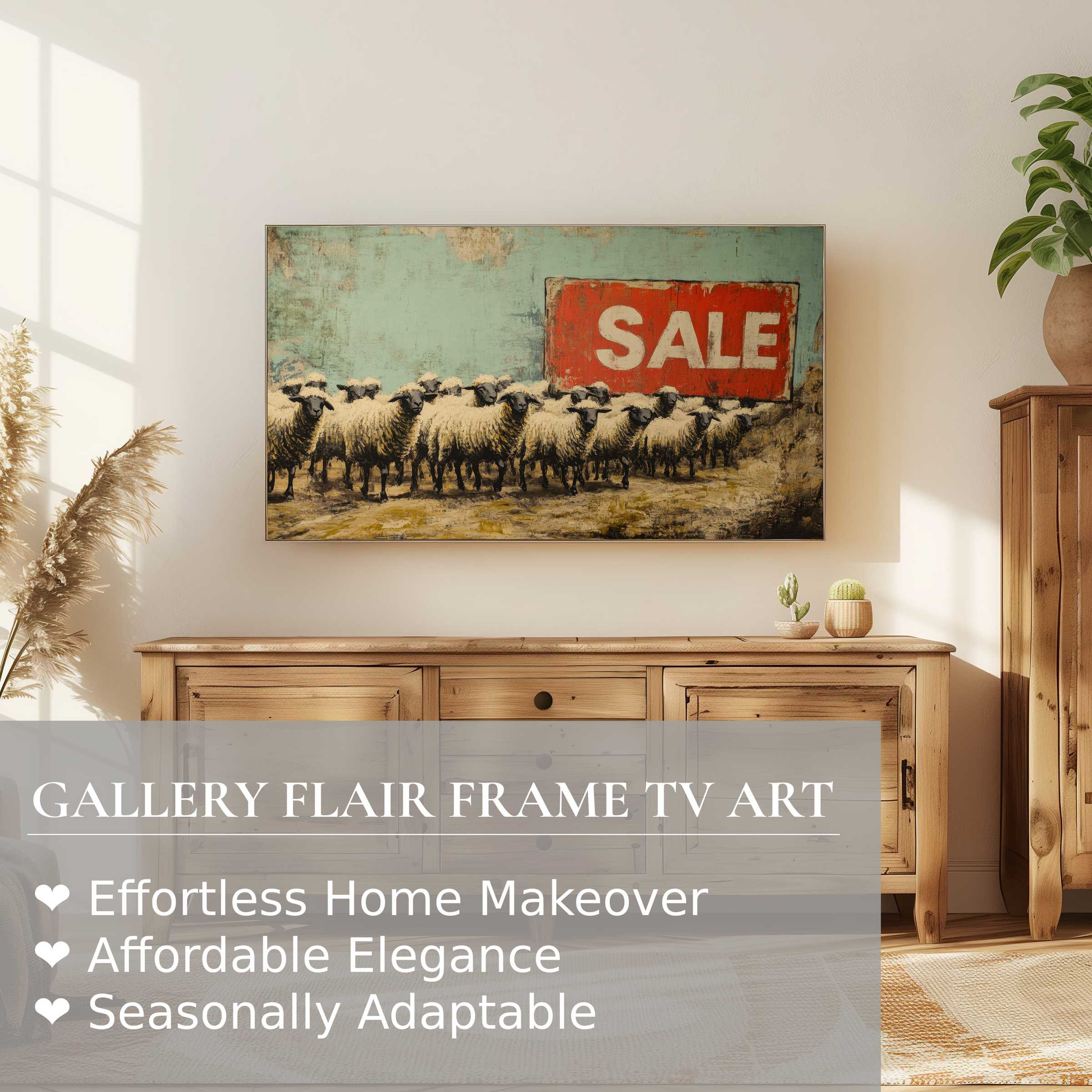 Elegant Samsung Frame TV displaying street art digital artwork of sheep with bold SALE sign in a refined modern living space