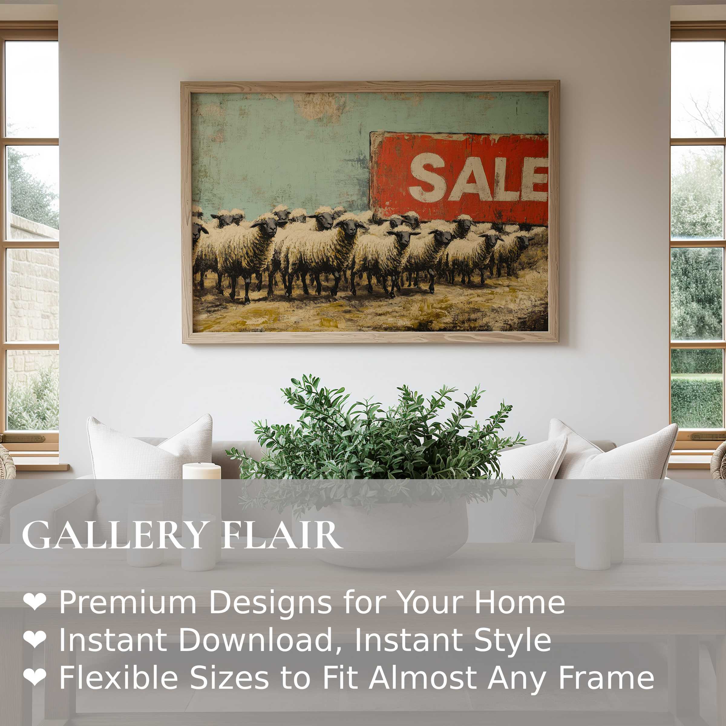 Street art wall art print featuring bold sheep motif against vintage SALE sign, adding edgy charm to modern minimalist living decor
