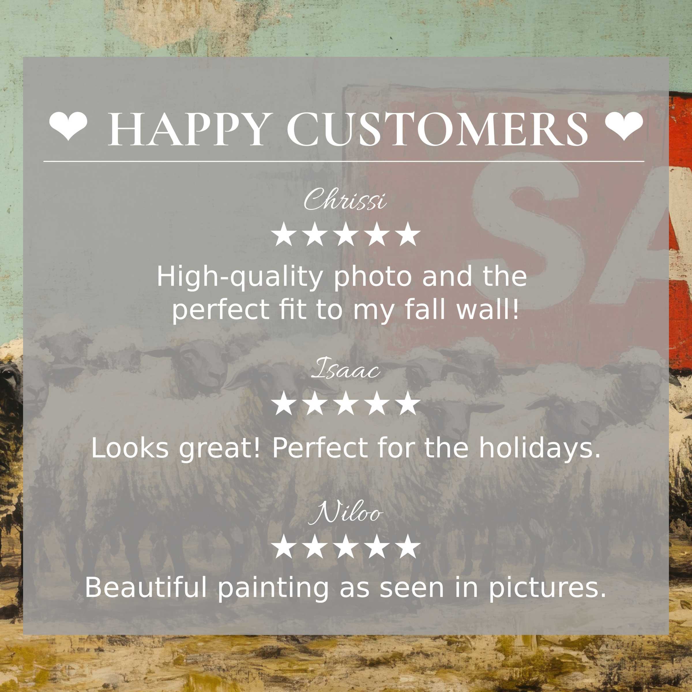 Street art for Frame TV with soft sunset hues, showcasing happy customer reviews and elegant, trustworthy design