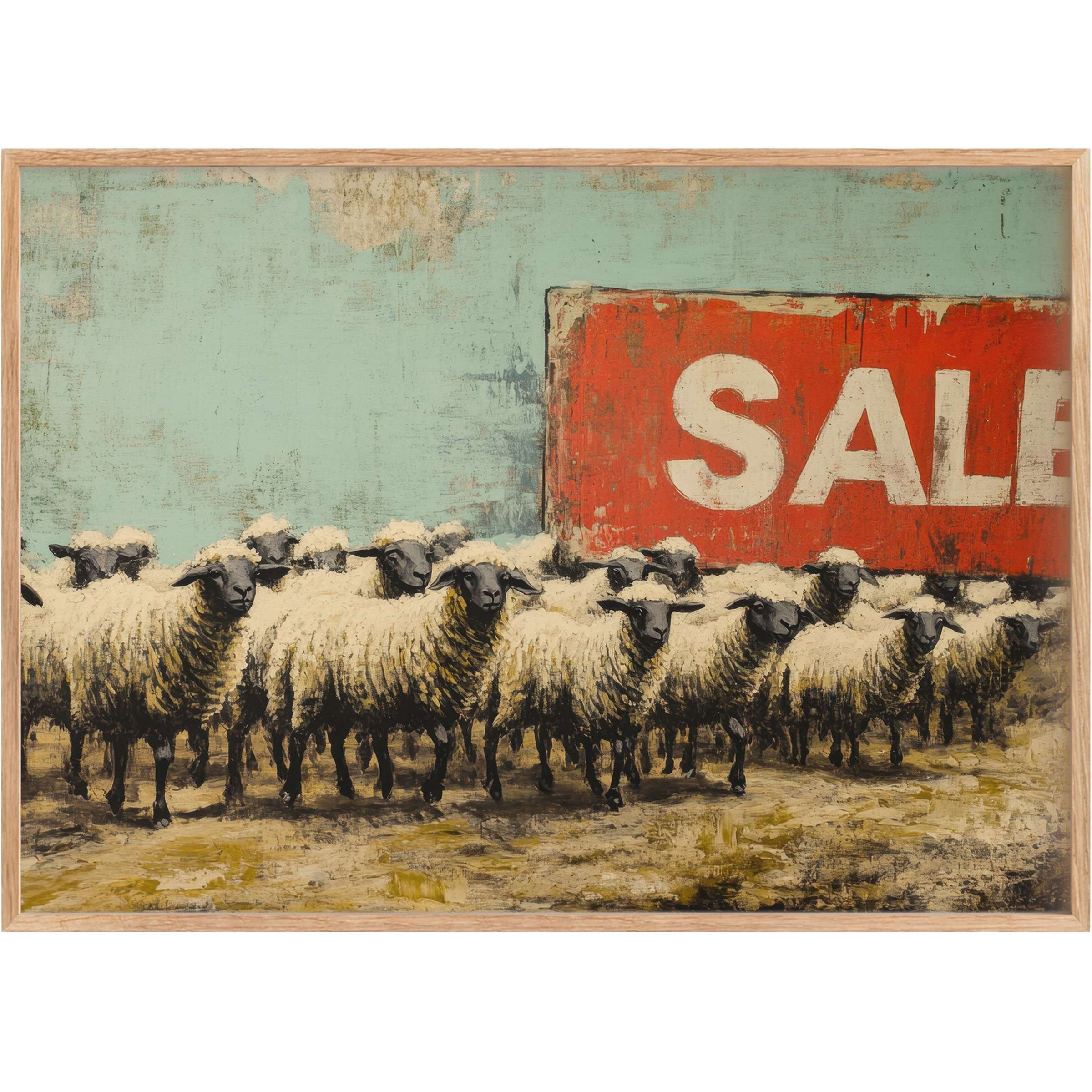 Bold street art printable wall art featuring a herd of sheep beneath a weathered red SALE sign, blending muted teal and earthy tones with a thought-provoking, edgy vibe