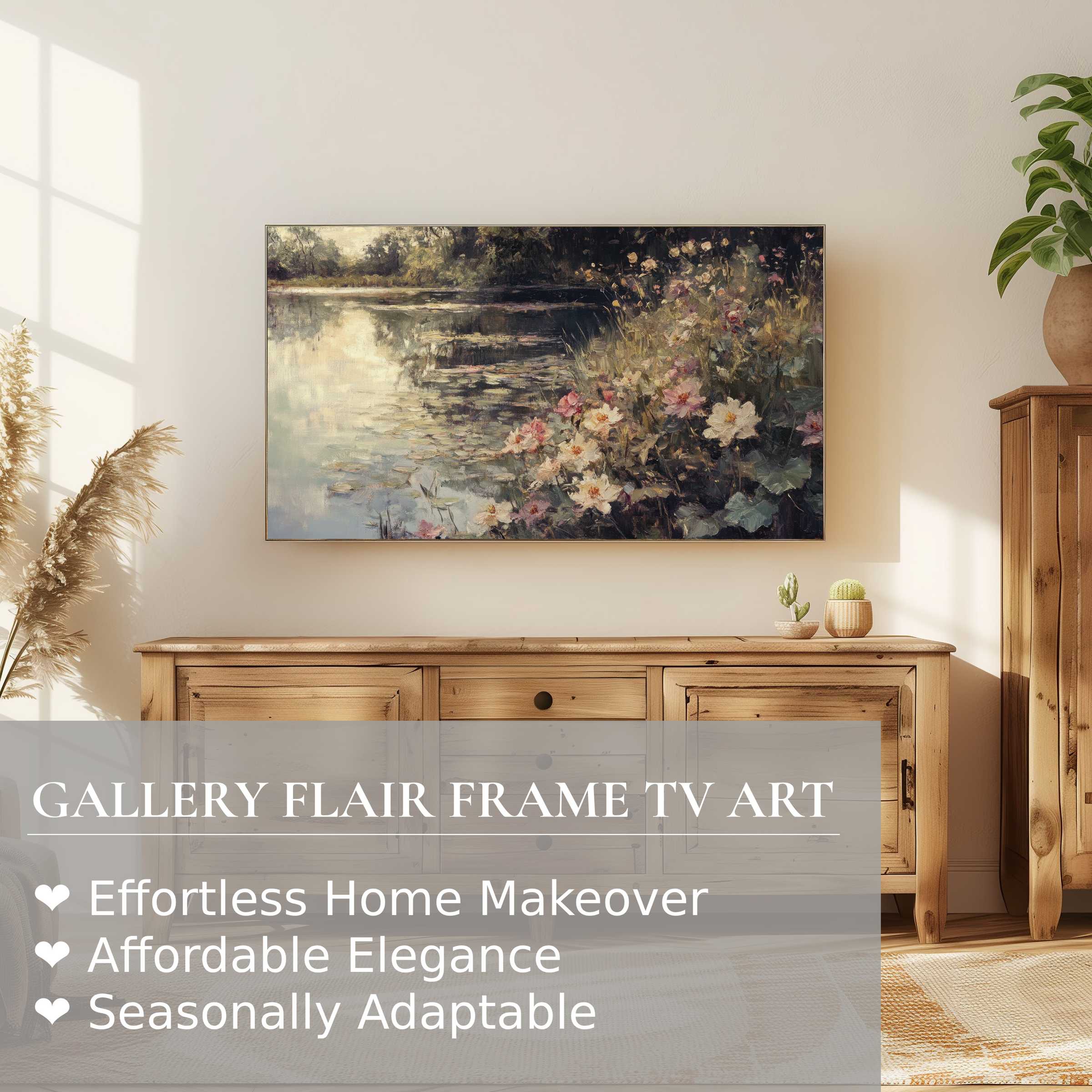 Elegant summer digital artwork on Samsung Frame TV blends floral serenity with modern rustic decor ambiance