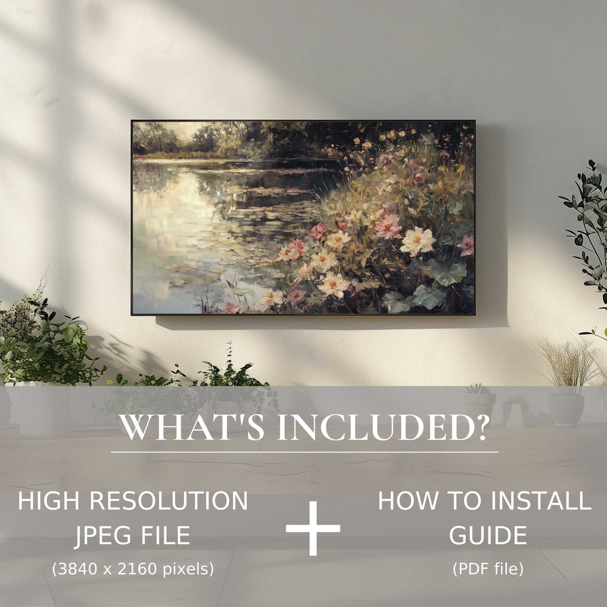 Elegant summer digital TV art download enhances living space with easy digital use, showcasing dreamy floral lake view