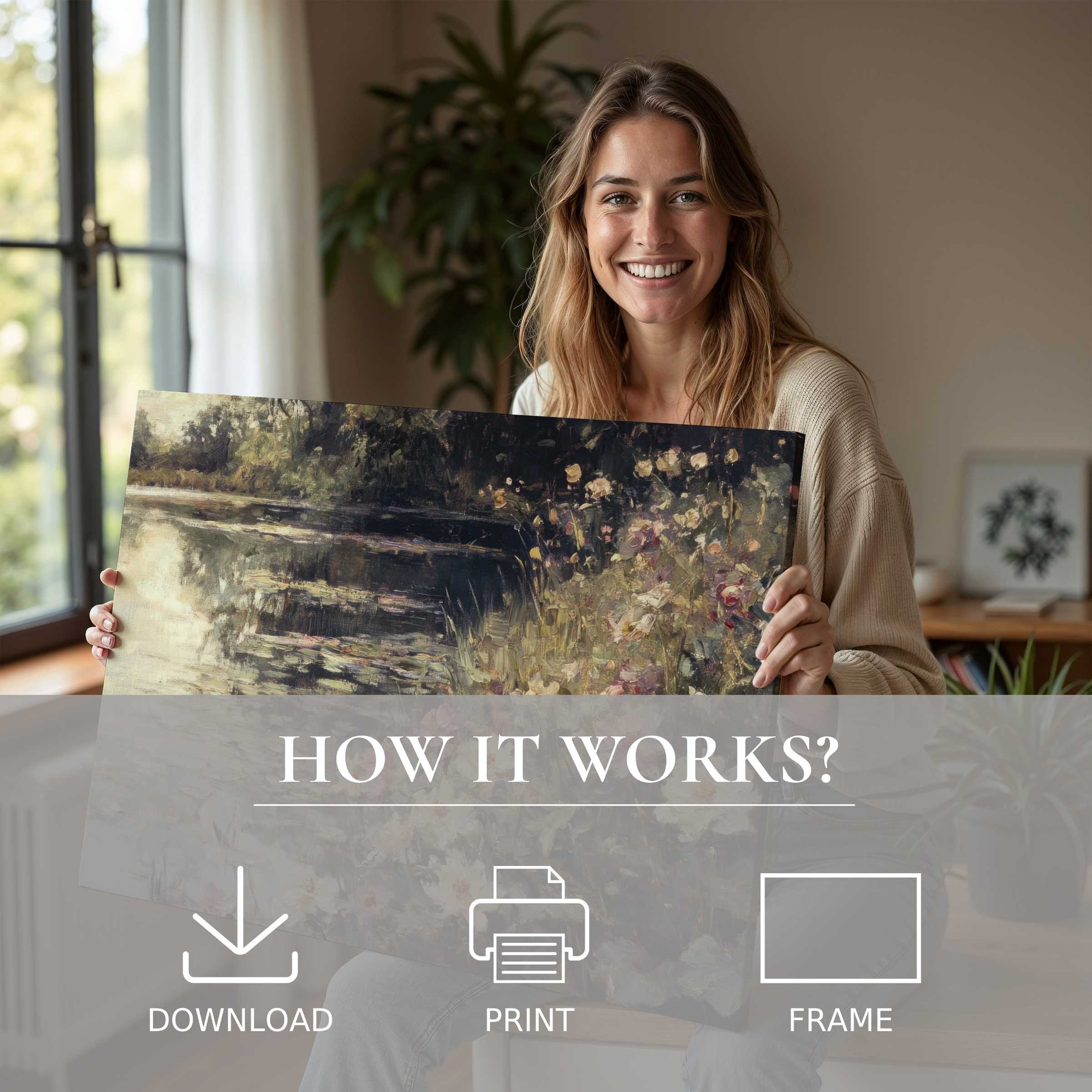 A serene moment of joy as a modern woman embraces the warmth of summer digital art print, enriching her stylish home