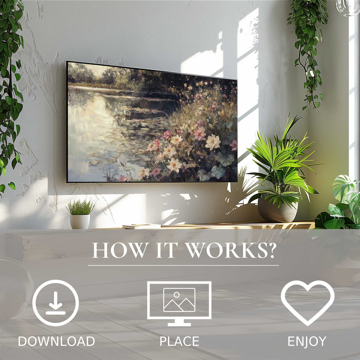 Summer art for Samsung TV shows soft sunset tones and floral lakeside motif, easy digital download enriches modern living spaces