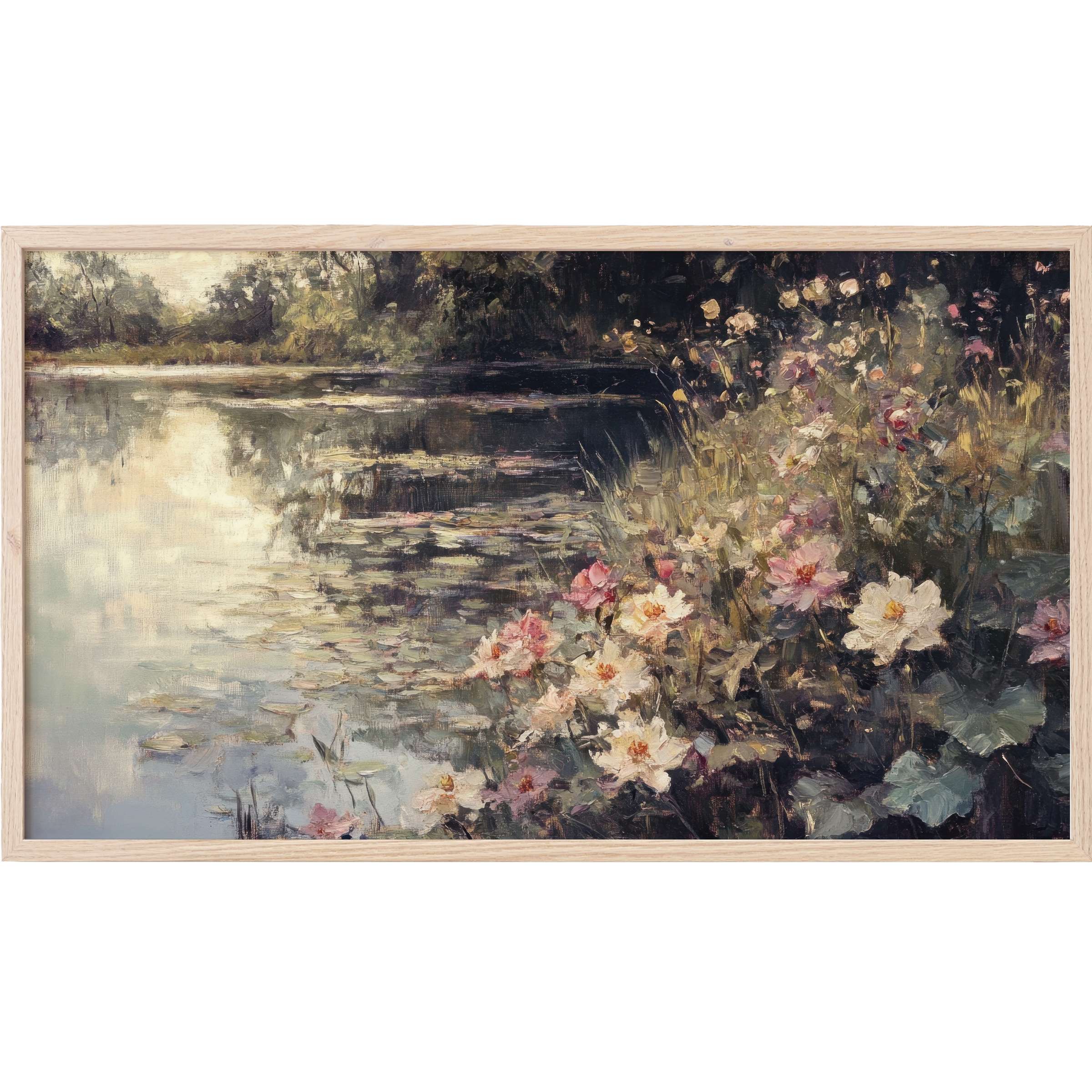 Elegant impressionist summer Frame TV Art with soft pastel flowers by a reflective lake in muted natural tones