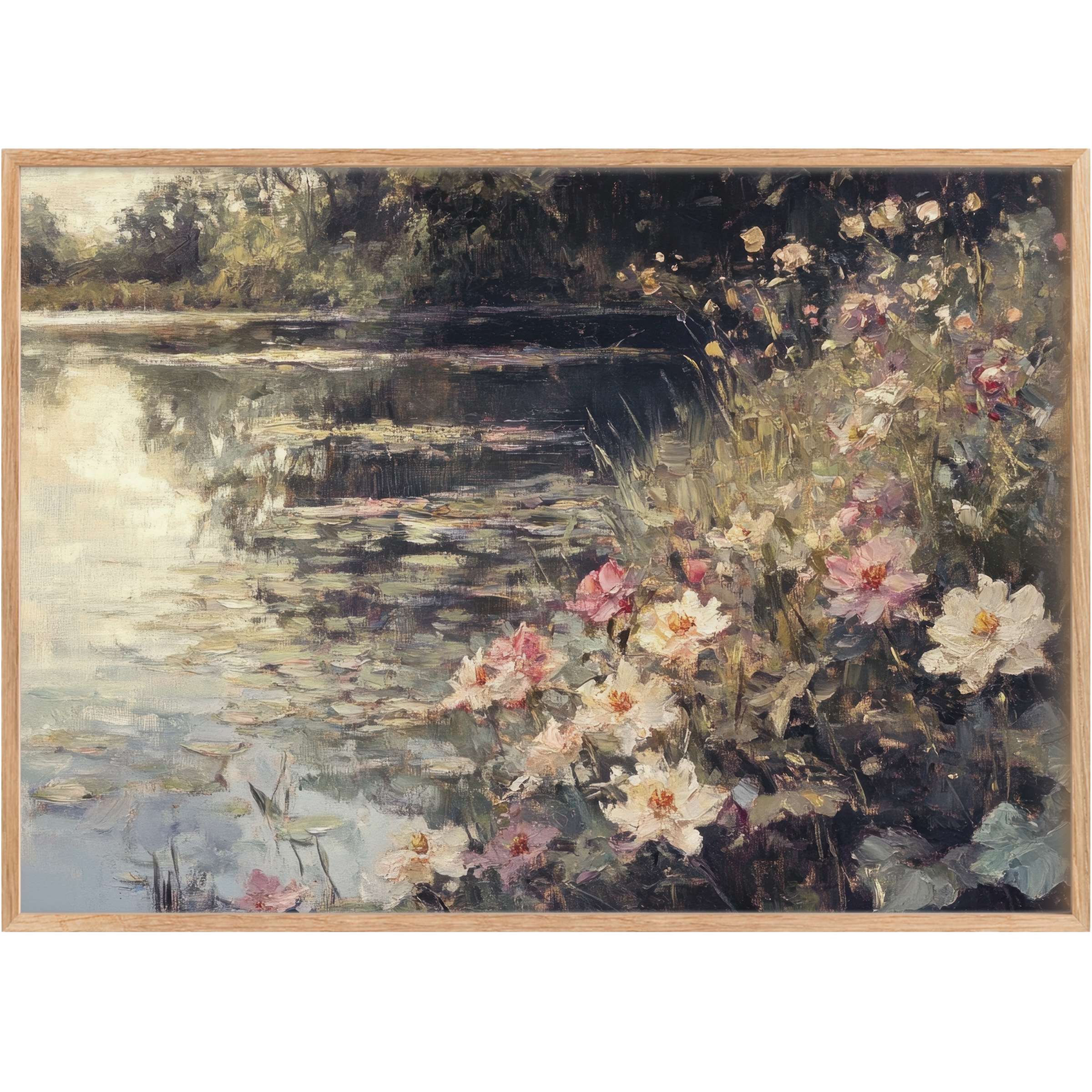 Serene summer printable wall art featuring soft pink and white blossoms by a reflective pond, evoking tranquil, timeless elegance