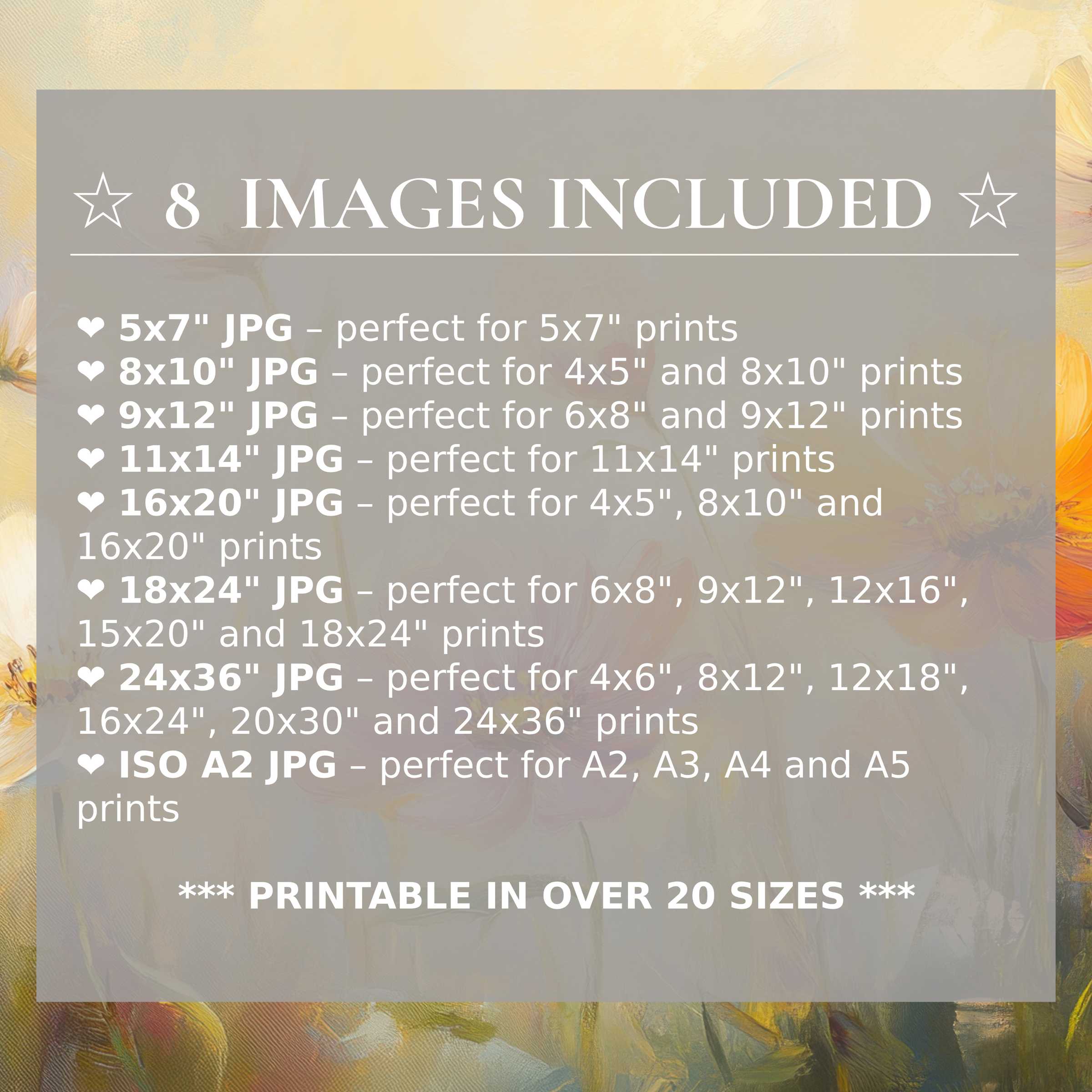 Floral digital print radiates soft yellows and calming neutrals, elevating modern interiors with 8 high-quality sizes included