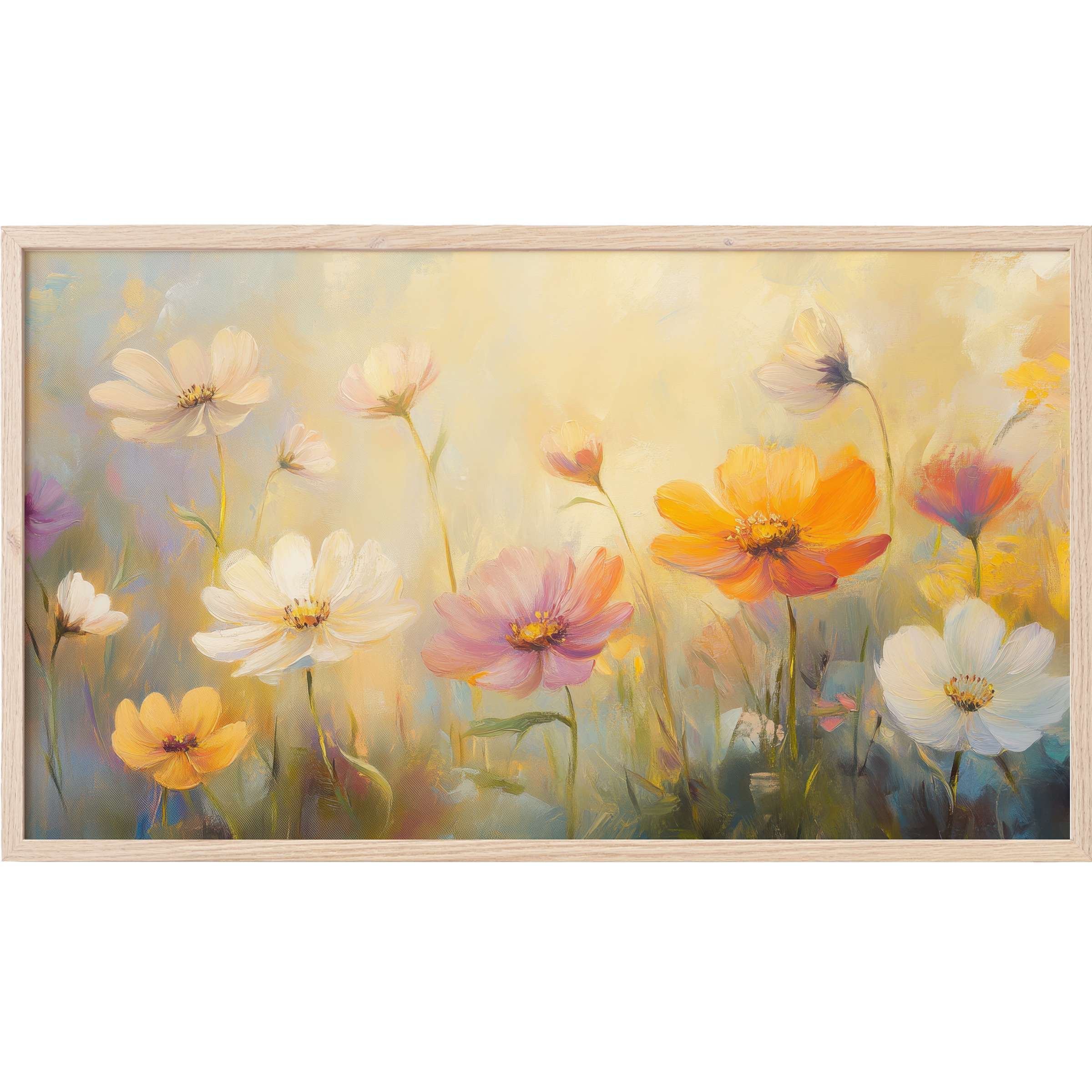 Floral Frame TV Art with soft-focus blooms in warm oranges, pinks, and creams, evoking serene modern elegance