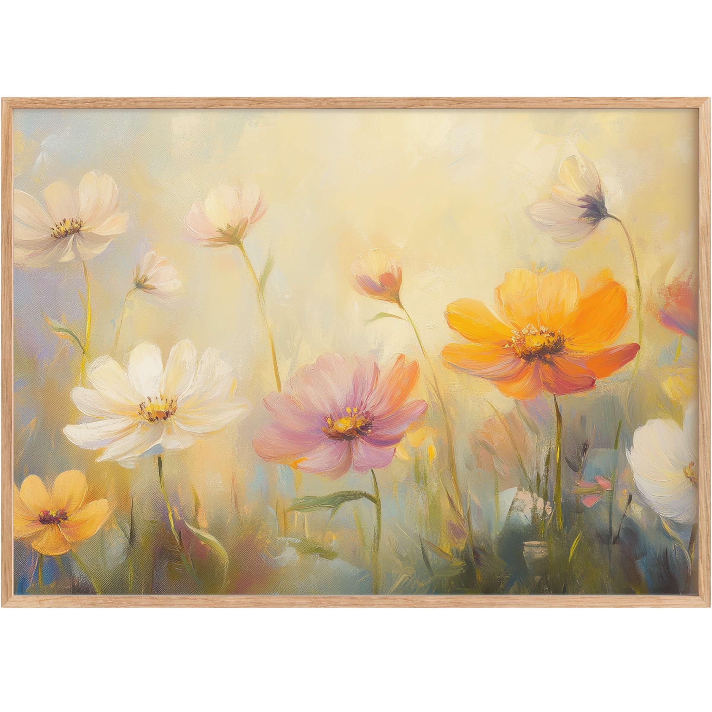 Radiant floral printable wall art with soft ivory, peach, and golden blooms creating a serene, sunlit ambiance for elegant spaces