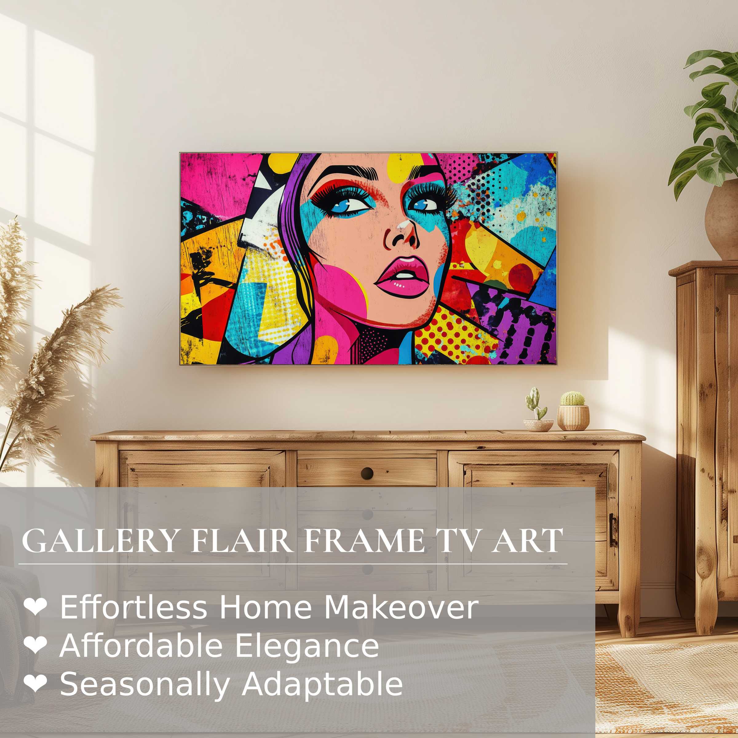 Vibrant pop art digital artwork on Samsung Frame TV adds bold color and modern charm to elegant, sunlit home decor