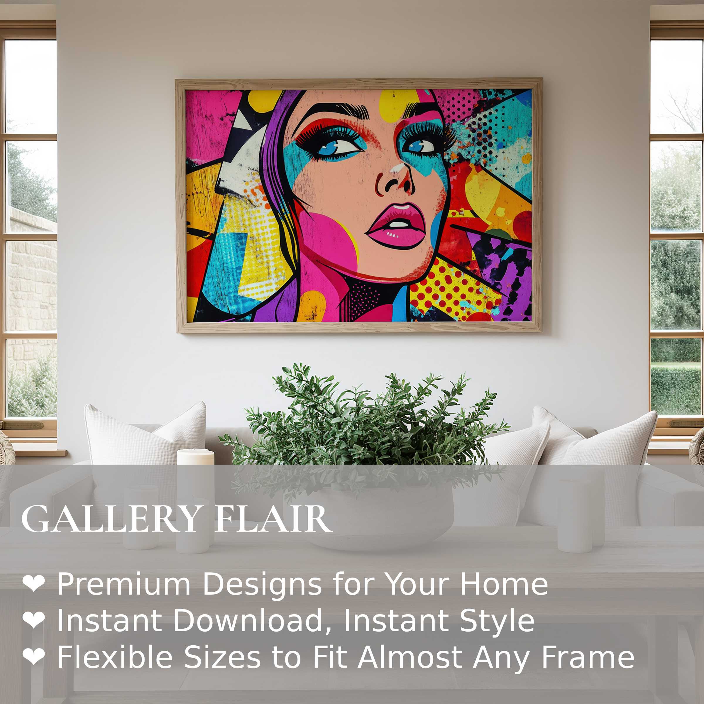 Vibrant pop art wall art print featuring a bold, radiant female portrait that energizes this modern, minimalist living space