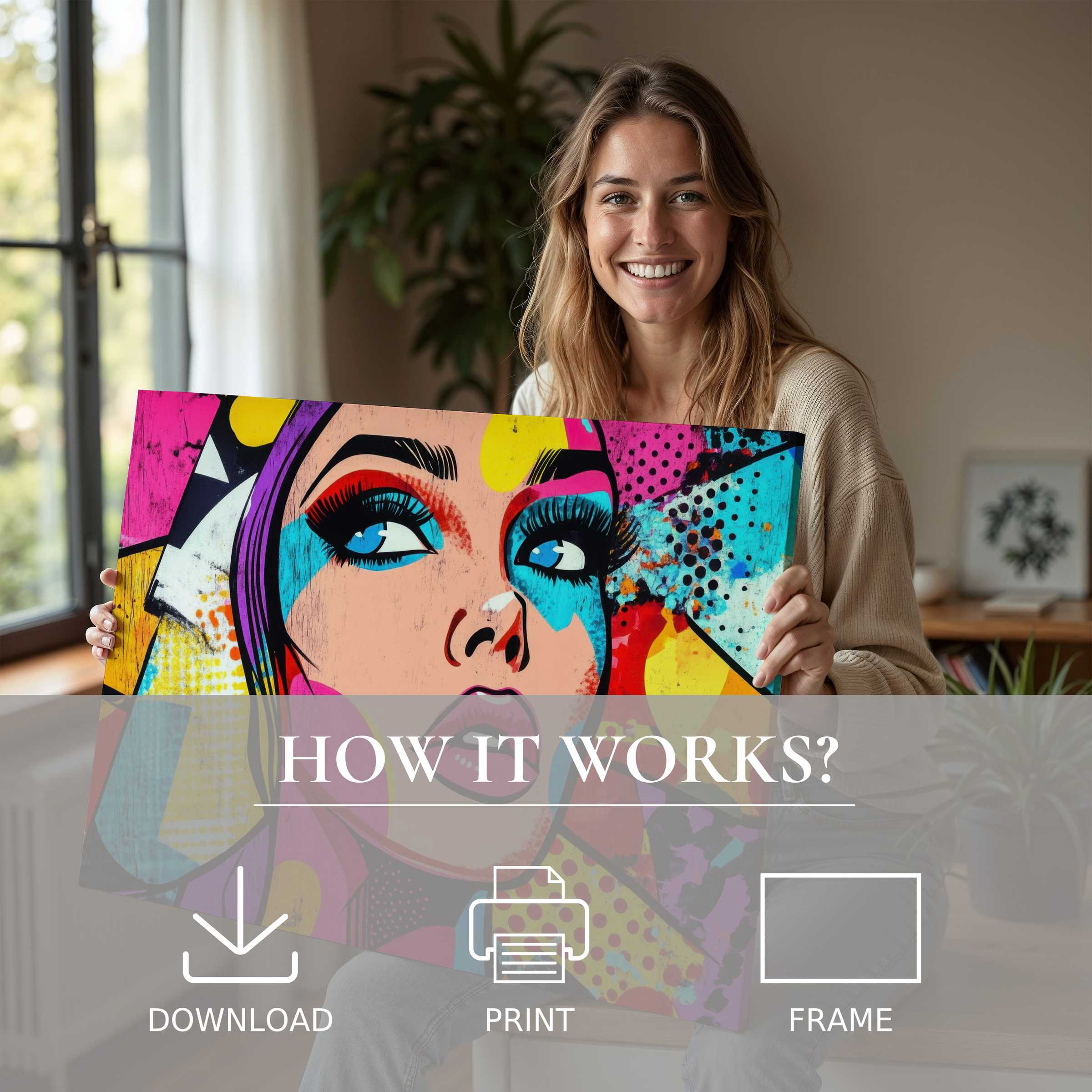 Contemporary pop art digital art print brightens a modern home, capturing joy and connection through effortless style and bold, vivid tones
