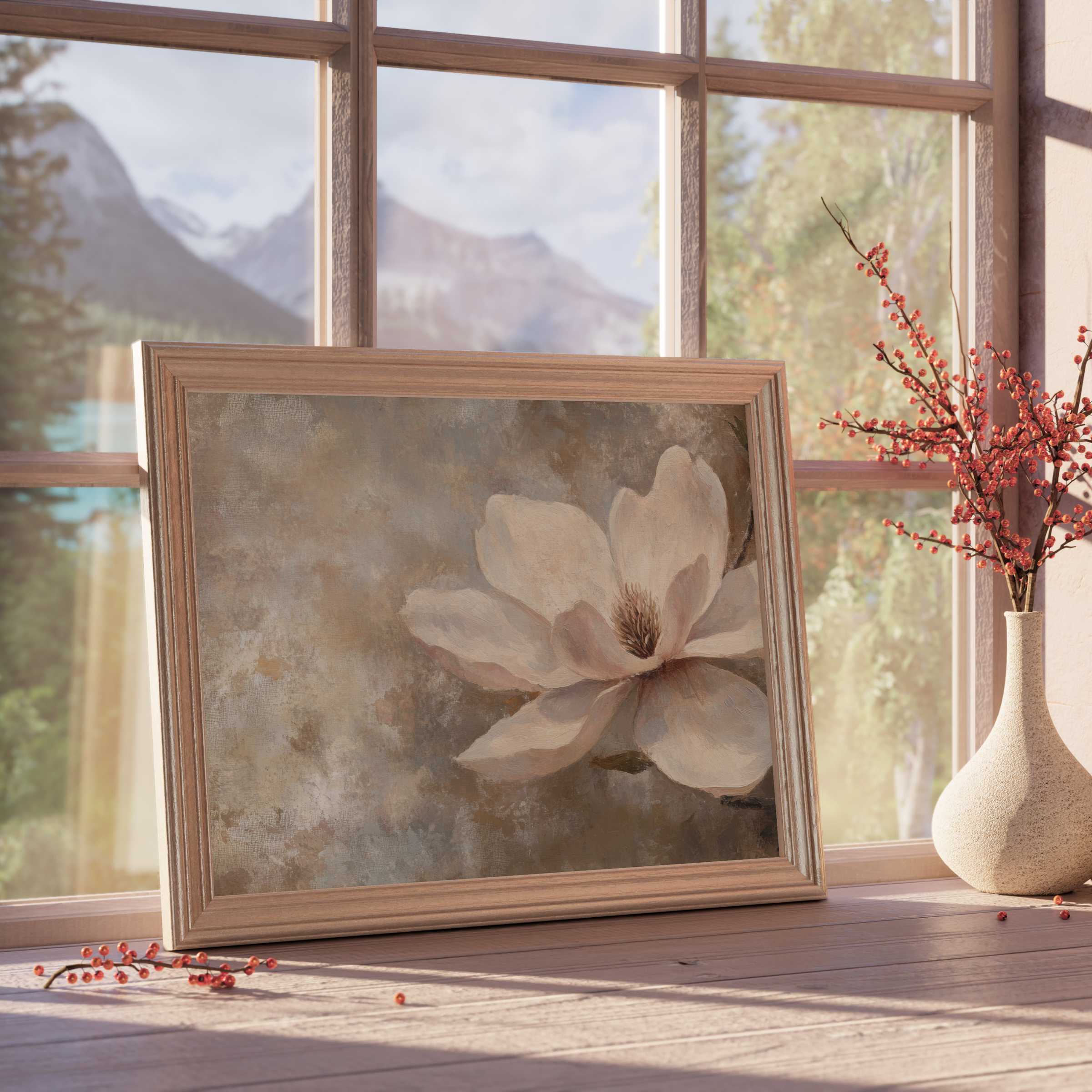 Elegant spring downloadable art featuring a soft magnolia bloom in muted tones, enhancing tranquil, curated interiors