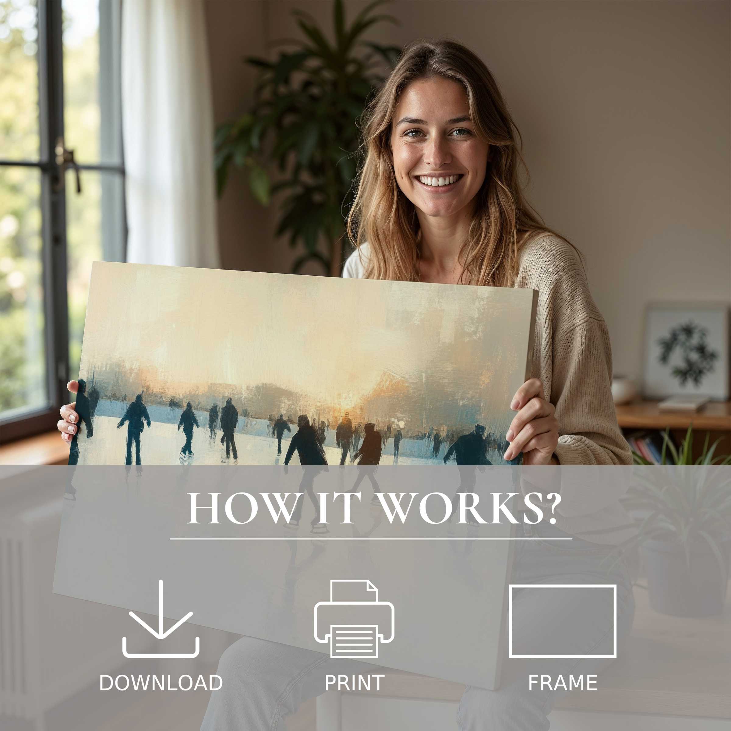 Woman in stylish home radiates joy, showcasing a winter digital art print that invites serene connection and warmth