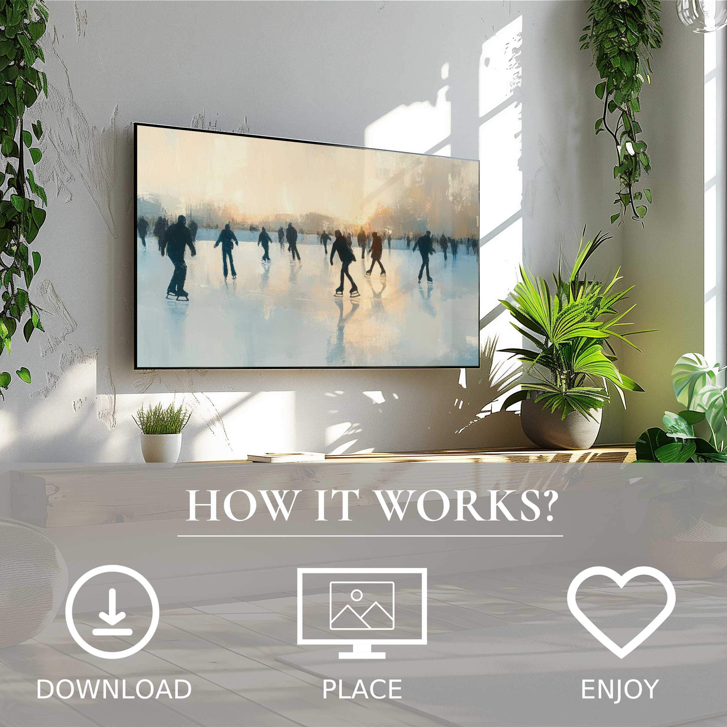 Winter art for Samsung TV shows soft sunset tones with ice skaters, easy digital download enriches modern spaces